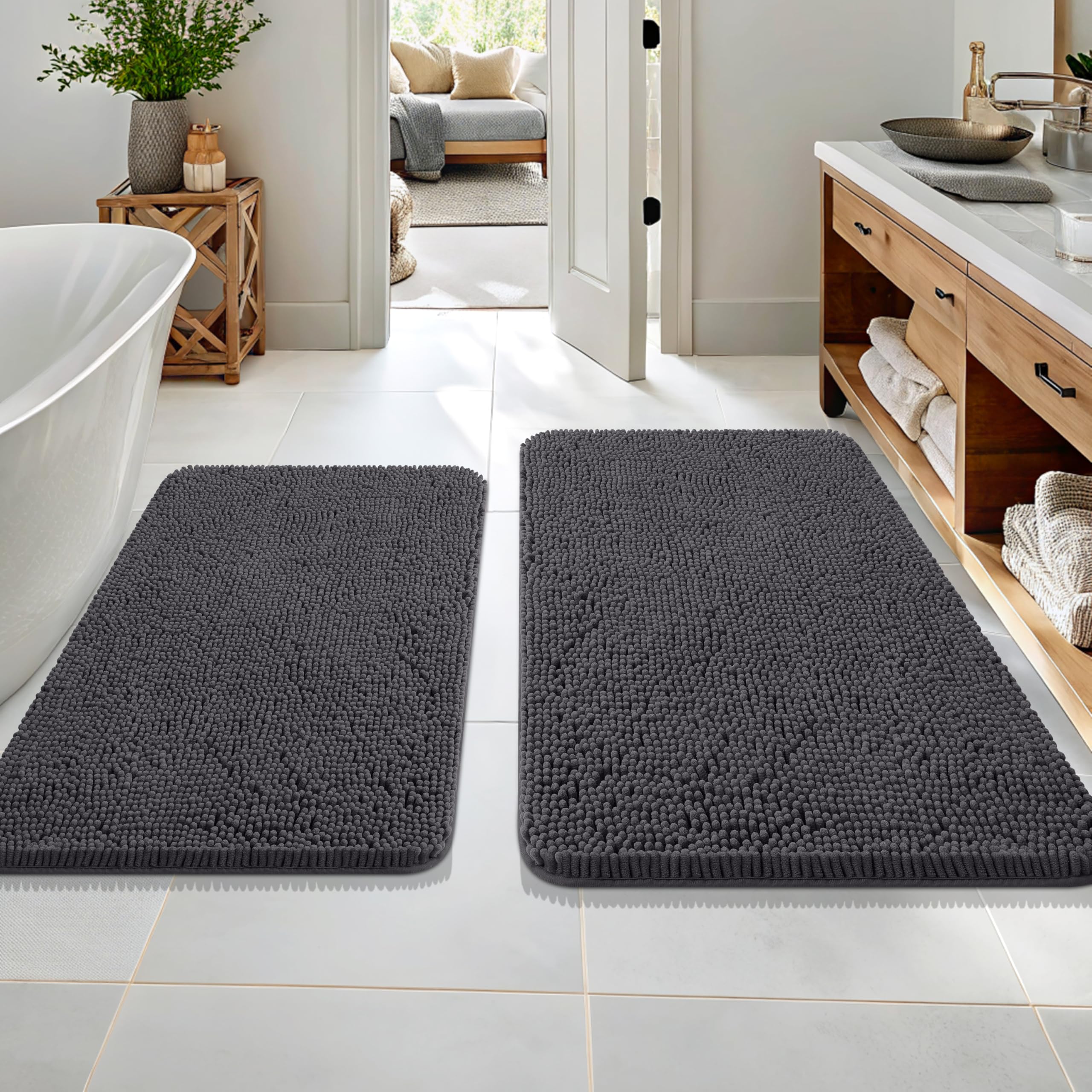OLANLY Bathroom Rugs Sets 2 Piece, Soft Absorbent Chenille Bath Mats and U-Shaped Contour Toilet Mat Area Rug Set, Machine Washable Bath Carpet, Home Decor Accessories(30"x20"+24"x20", Grey)