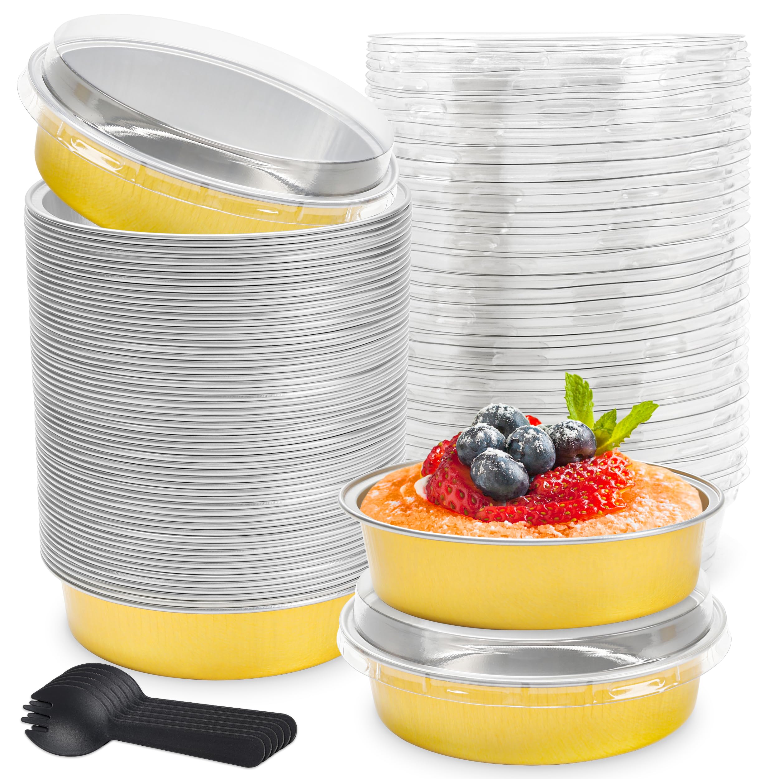 8 OZ Mini Cake Pans Disposable Ramekins with Lids Round Aluminum Mini Foil Cake Tins Baking Pans for Party Wedding Pudding (Black Gold, 25 Pack)