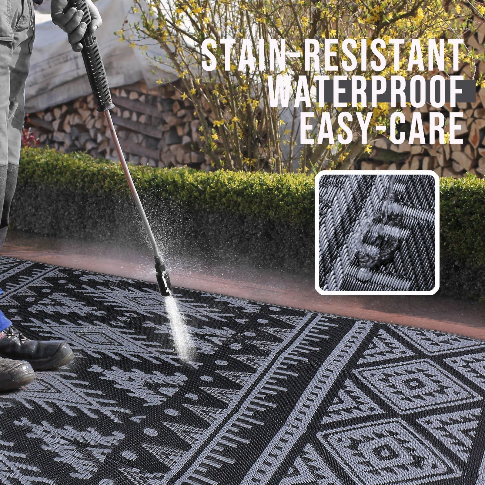 OLANLY Outdoor Rug Waterproof 5x8 ft, Reversible Outdoor Plastic Straw Rug, Boho Patio Rug, Indoor Outdoor Carpet, RV Mat Outside for Patio, Camp, Picnic, Balcony, Deck, Backyard, Black & White