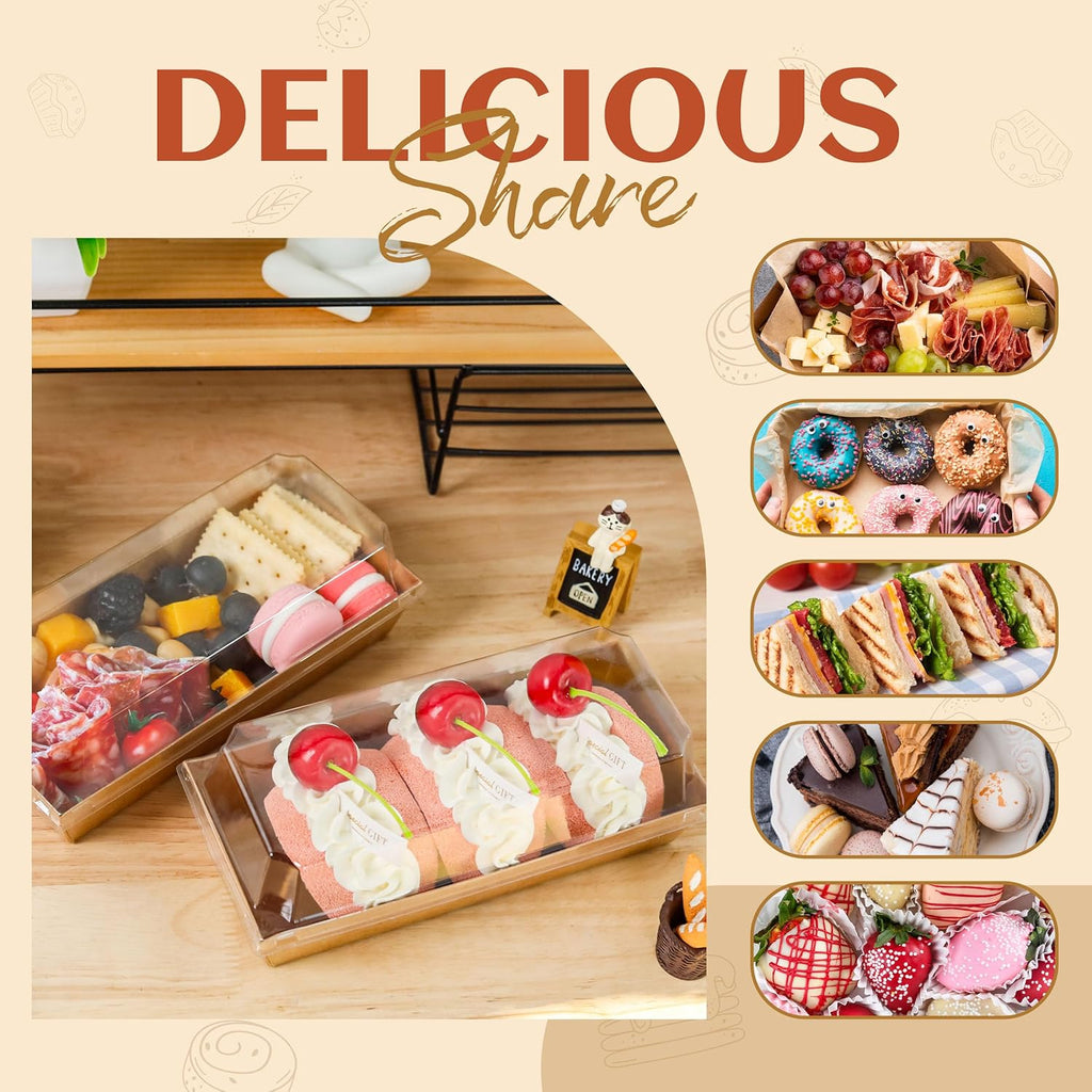 Charcuterie Boxes with Clear Lids Mini Dessert Bakery Boxes Disposable To Go Food Containers for Cookie Cake Slice Sushi Strawberry 7.48x3.35x2.5INCH(50 Pack, Brown)