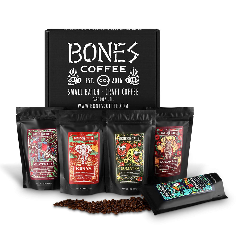 Bones Coffee Company NEW Favorite Flavors Sample Pack, Assorted Flavored Coffee Low Acid Medium Roast Arabica Beans Specialty Coffee Gifts, Auto Drip and French Press Compatible, 4 oz Pack of 5 Ground