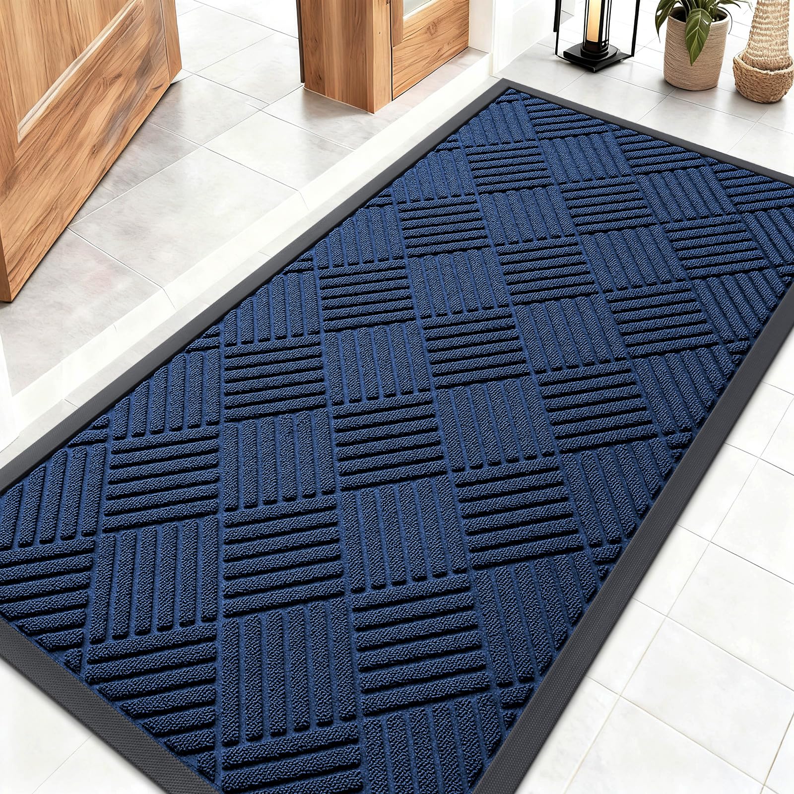OLANLY Front Door Mat Outside Entrance 29.5x17, Absorbent, Heavy Duty Sturdy Natural Rubber Doormat Indoor Outdoor, Stain and Fade Resistant, Non-Slip Low Profile Floor Mat for Entryway, Grey Diamond