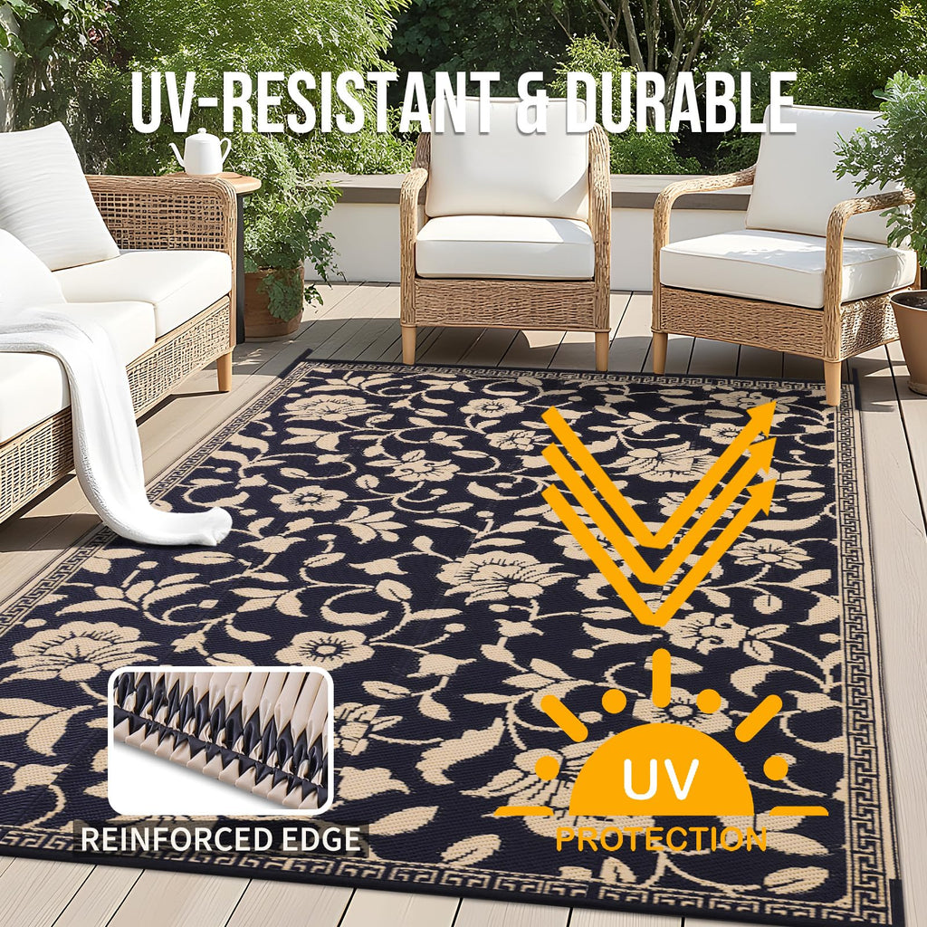 OLANLY Waterproof Outdoor Rug 5x8 ft, Outdoor Plastic Straw Rug with Flower Pattern, Reversible RV Mat for Patio, Camping, Balcony, Deck, Backyard, Navy & White