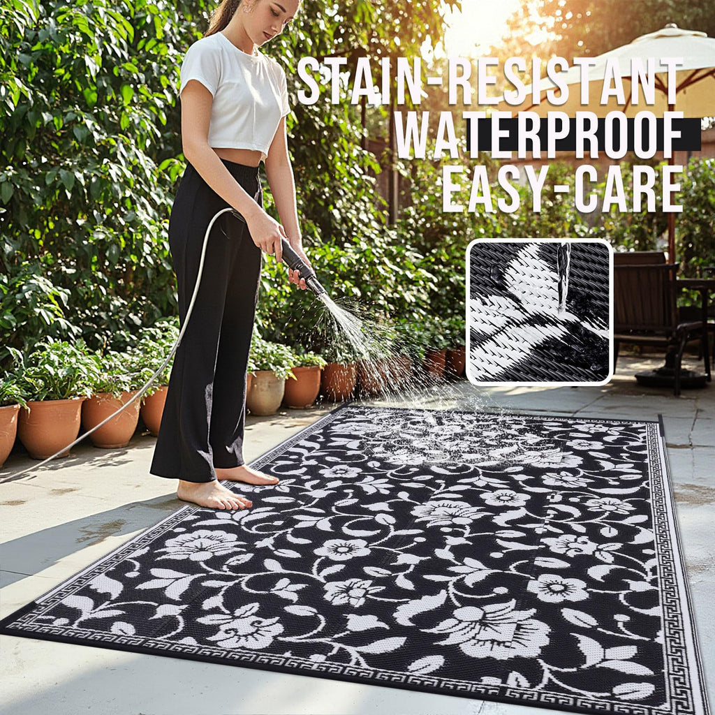 OLANLY Waterproof Outdoor Rug 5x8 ft, Outdoor Plastic Straw Rug with Flower Pattern, Reversible RV Mat for Patio, Camping, Balcony, Deck, Backyard, Navy & White