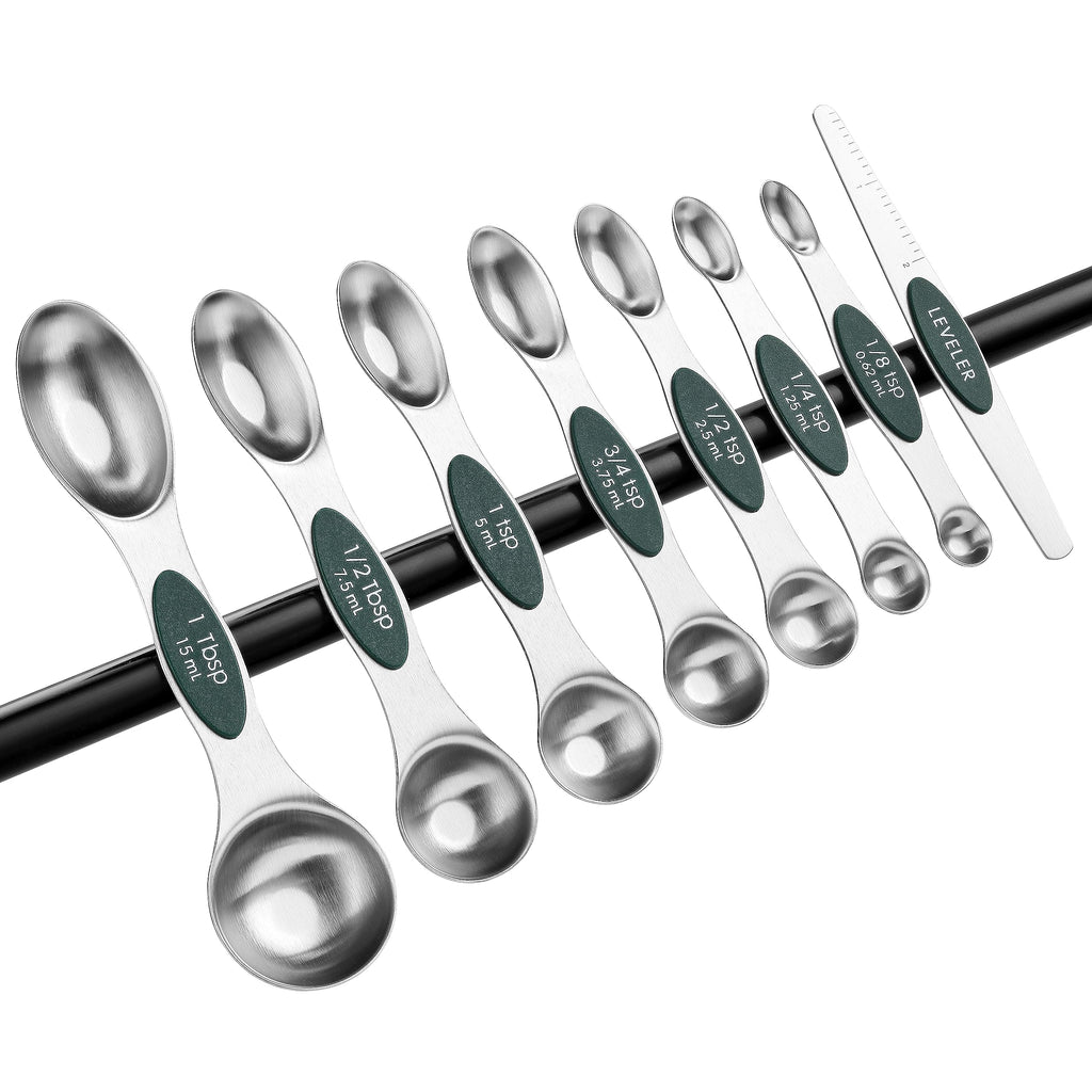 Spring Chef Stainless Steel Magnetic Measuring Spoons Set with Strong N45 Magnets, Heavy Duty Metal Kitchen Gadgets for Baking & Cooking, Fits in Most Kitchen Spice Jars, Set of 8 with Leveler, Black