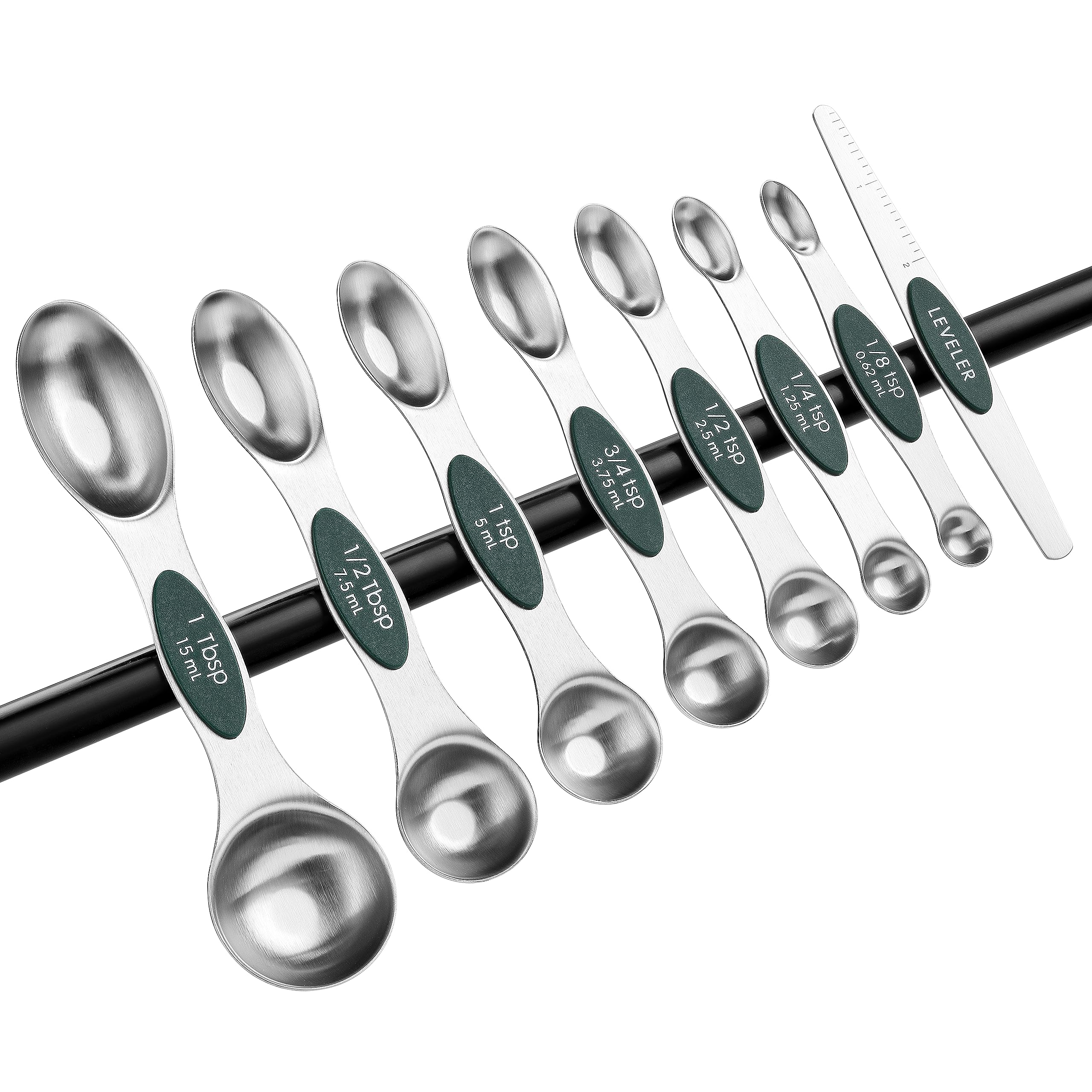 Spring Chef Stainless Steel Magnetic Measuring Spoons Set with Strong N45 Magnets, Heavy Duty Metal Kitchen Gadgets for Baking & Cooking, Fits in Most Kitchen Spice Jars, Set of 8 with Leveler, Black