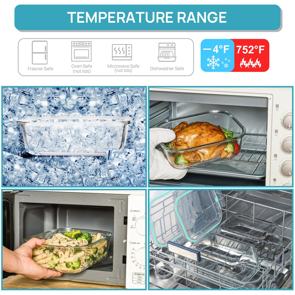 Vtopmart 2Pack 1860ml/63oz Large Glass Storage Containers with Lids, Meal Prep Food Container Set with Snap Airtight Lid for Baking, Microwave, Oven, Leak Proof, for Freezer, Dishwasher, Grey