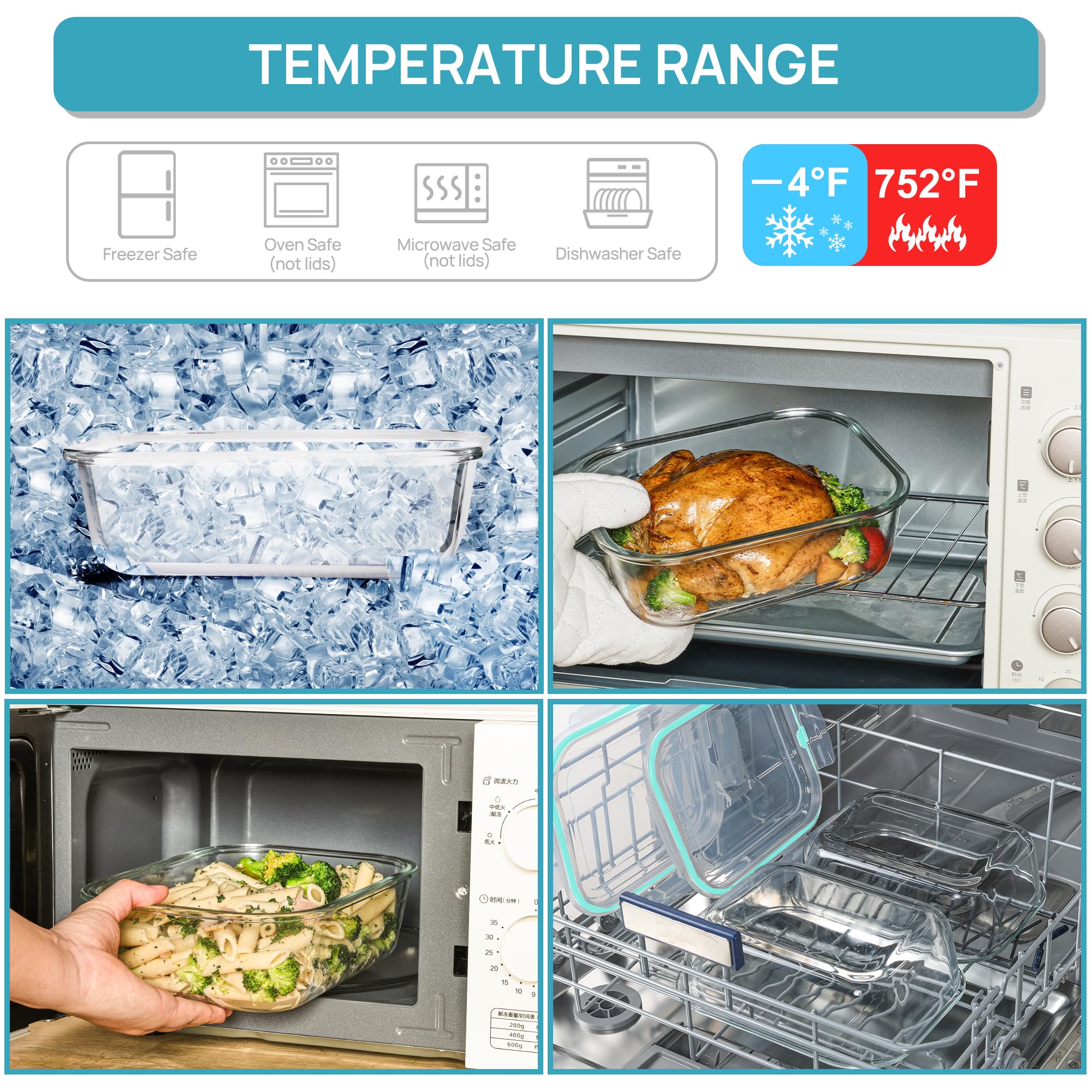 Vtopmart 2Pack 1860ml/63oz Large Glass Storage Containers with Lids, Meal Prep Food Container Set with Snap Airtight Lid for Baking, Microwave, Oven, Leak Proof, for Freezer, Dishwasher, Grey