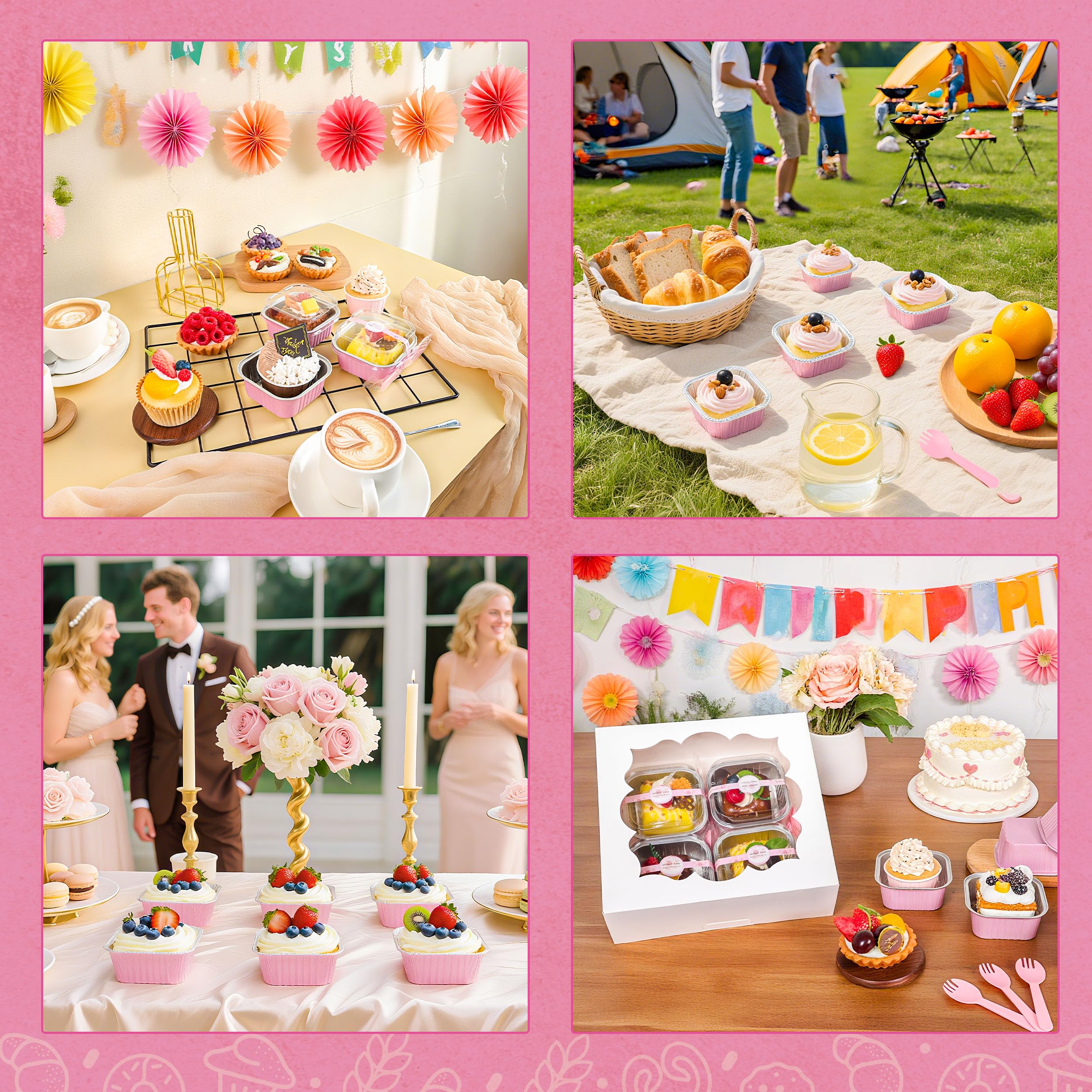 50 Pcs Mini Cake Pans with Lids and Spoons Aluminum Foil Mini Square Baking Cups with Lids Disposable Ramekins Cake Pans Dessert Cups for Wedding Birthday Party(Pink,5oz)