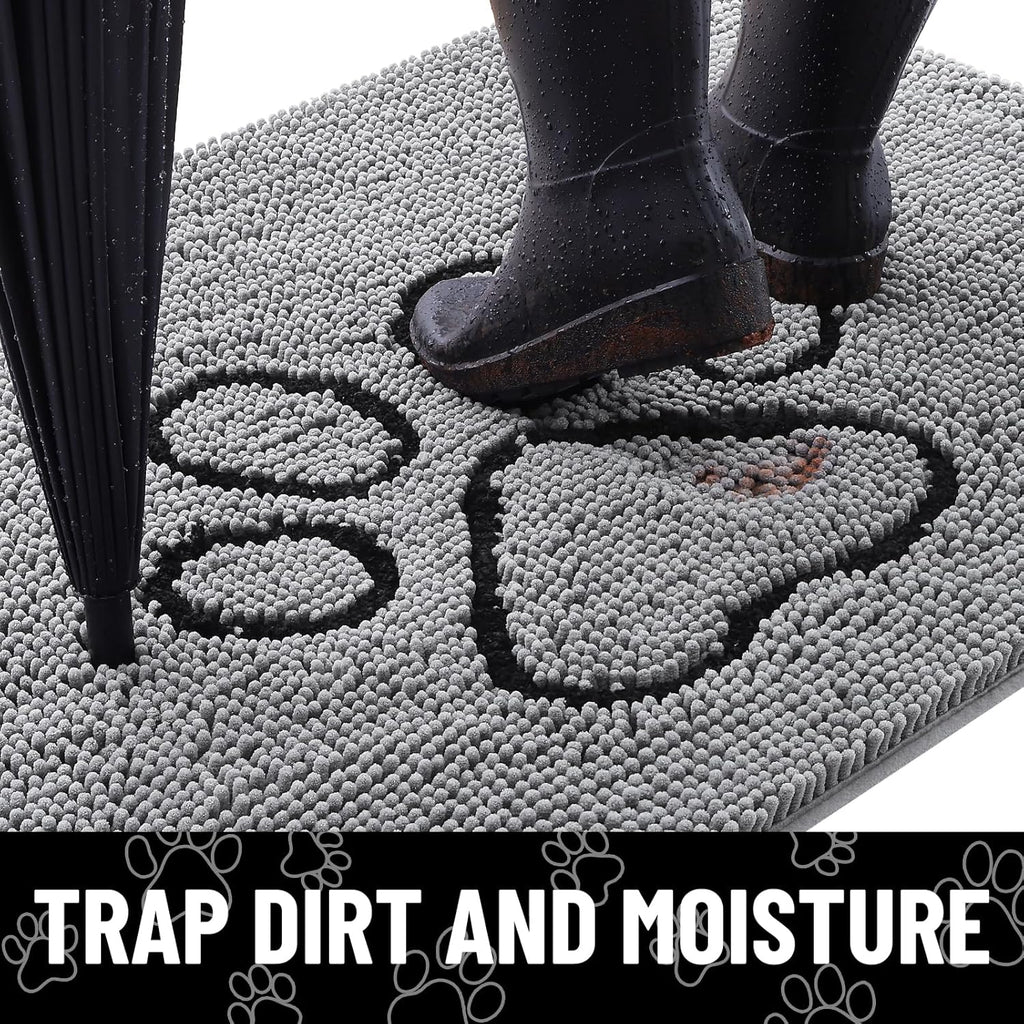 Smiry Dog Door Mat for Muddy Paws, Absorbent Dirt Trapper Non Slip Quick Dry Washable Chenille Mat for Mud Dogs, Entry Rug for Indoor and Outdoor (30x20 Inches, Grey and Black)