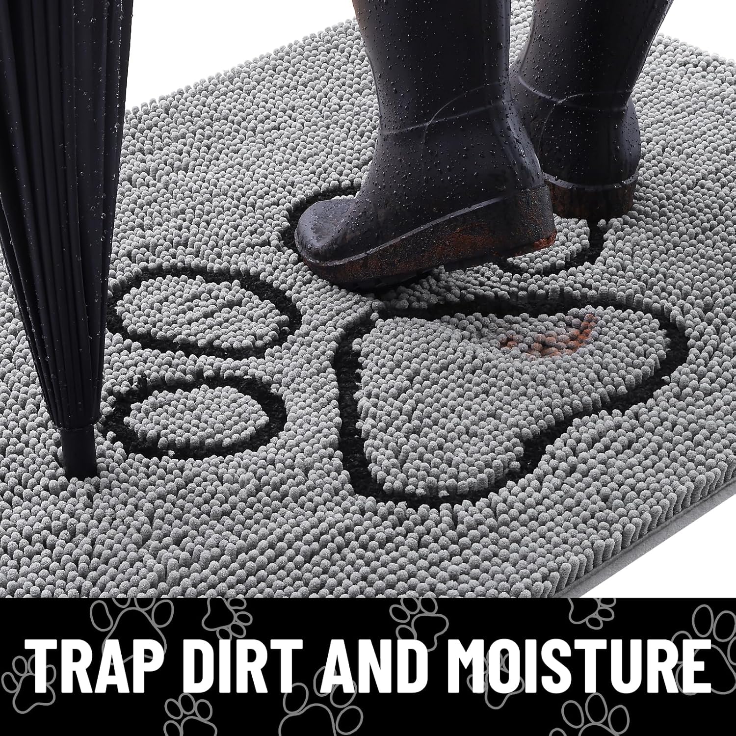 Smiry Dog Door Mat for Muddy Paws, Absorbent Dirt Trapper Non Slip Quick Dry Washable Chenille Mat for Mud Dogs, Entry Rug for Indoor and Outdoor (30x20 Inches, Grey and Black)