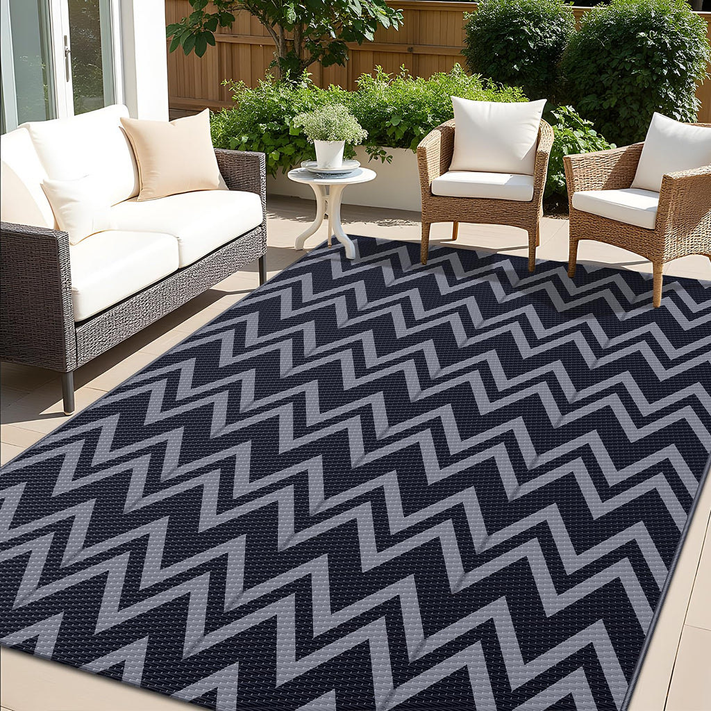 OLANLY Waterproof Outdoor Rug 5x8 ft, Outdoor Plastic Straw Rug for Camping, RV Mat Outside, Indoor Outdoor Carpet for Porch, Deck, Backyard, Balcony, Picnic, Black & White