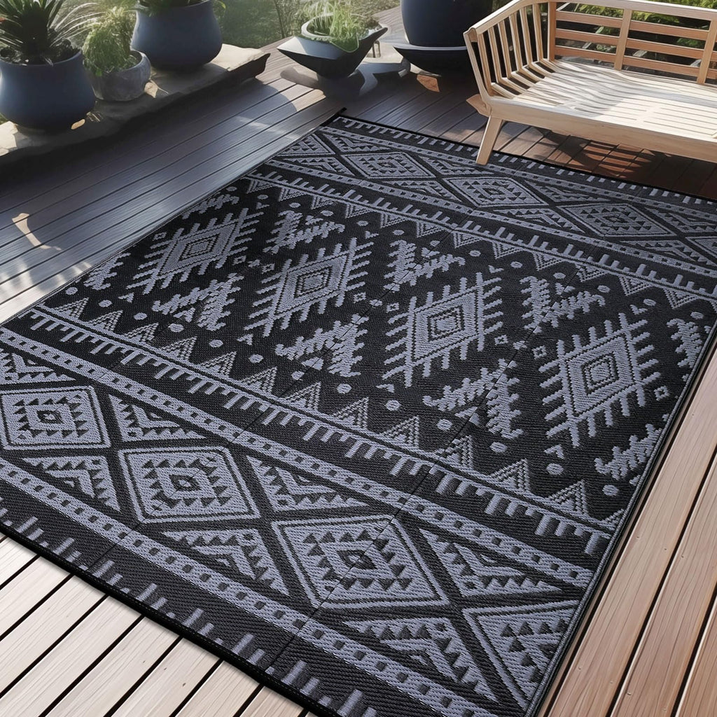 OLANLY Outdoor Rug Waterproof 5x8 ft, Reversible Outdoor Plastic Straw Rug, Boho Patio Rug, Indoor Outdoor Carpet, RV Mat Outside for Patio, Camp, Picnic, Balcony, Deck, Backyard, Black & White