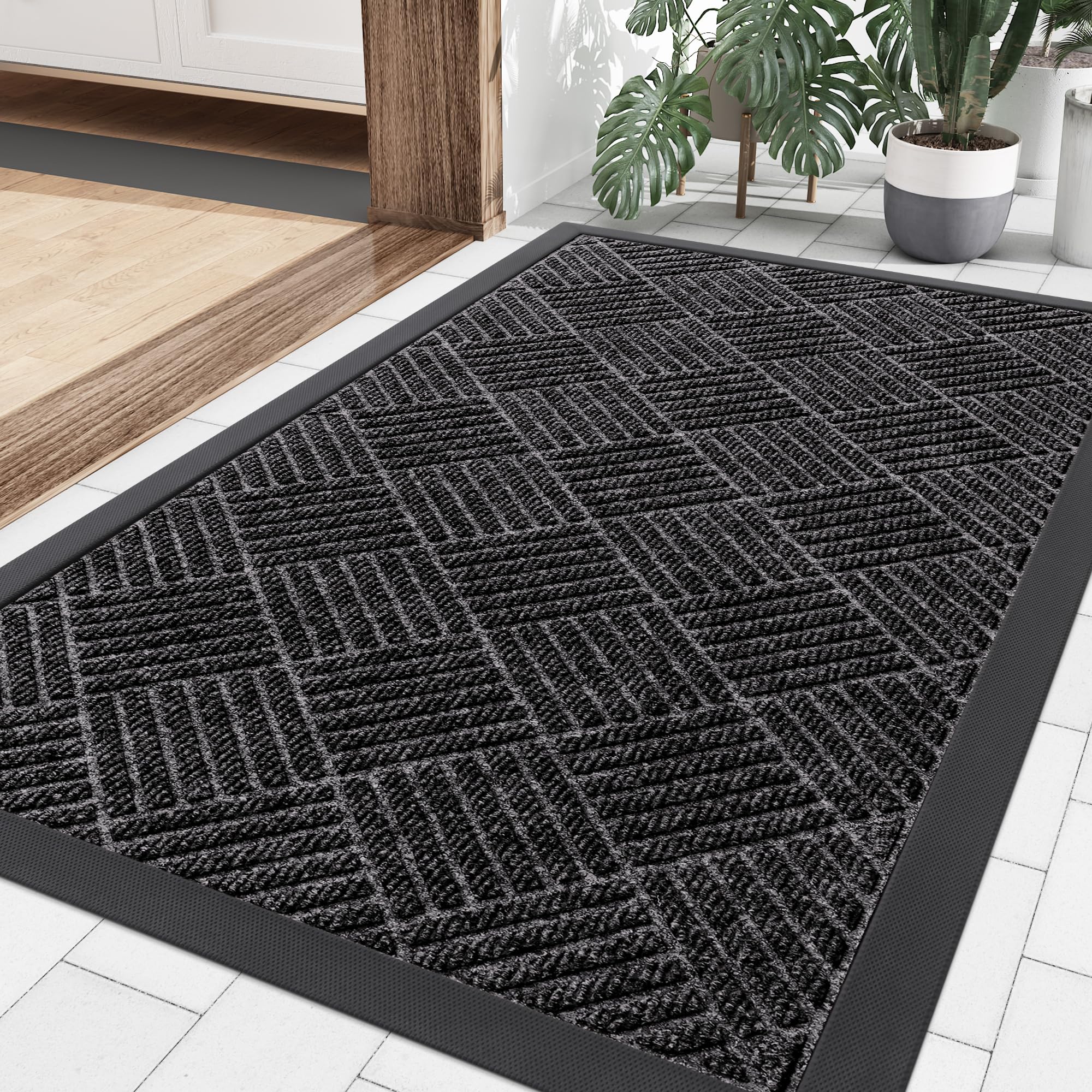 Smiry Front Door Mat Outside Entrance, Heavy Duty Outdoor Indoor Natural Rubber Doormat, Non Slip, Trap Dirt and Moisture, Easy Clean, Low Profile Patio Porch Entryway Mat, 29.5x17, Grey