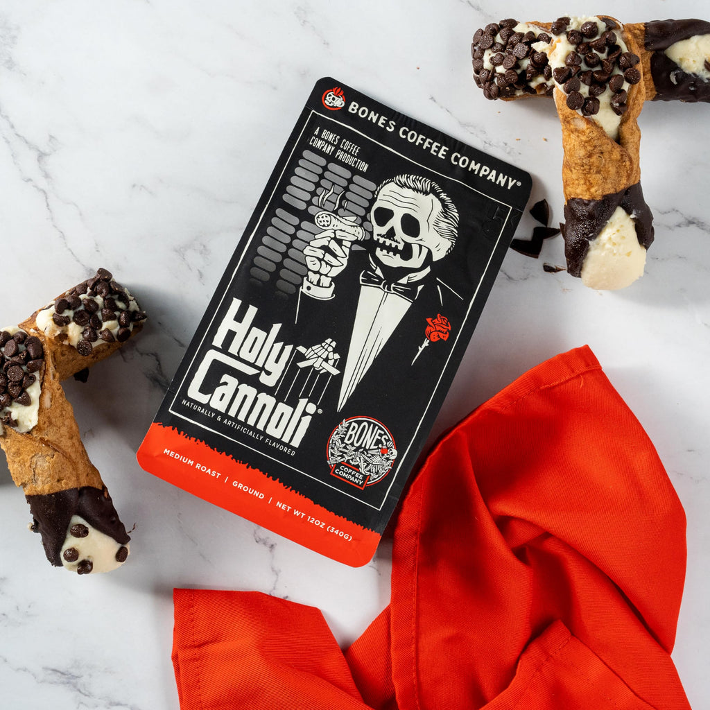 Bones Coffee Company Highland Grog, Butterscotch Caramel Flavored Coffee, Medium Roast Low Acid Arabica Beans Compatible with Auto drip and French Press Coffee Maker, 12 Oz Whole Bean