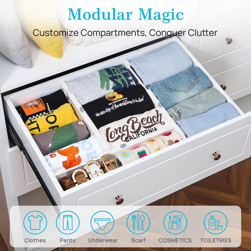 Vtopmart Drawer Dividers for Clothes 8 Pack, Adjustable 4" High Expandable from 11.3"-17" Dresser Drawer Organizer, Plastic Drawers Separators for Dresser, Baby Clothes, Kitchen and Office Storage