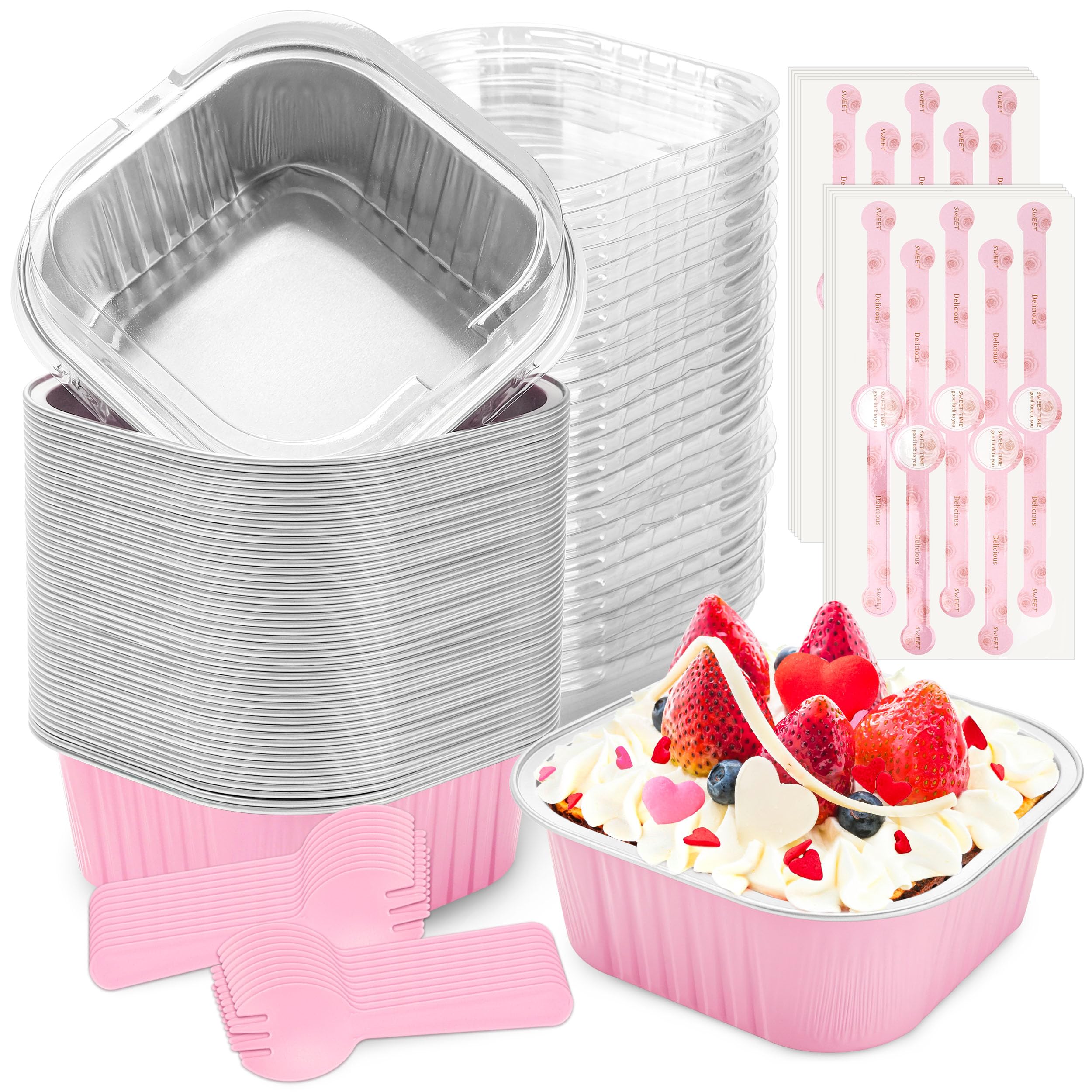 60 Pack Mini Cake Pans with Lids Mini Aluminum Pans, Disposable Loaf Pans Cupcake Liners with Lids for Pudding, Souffle, Party, Wedding(Pink, 5 oz)
