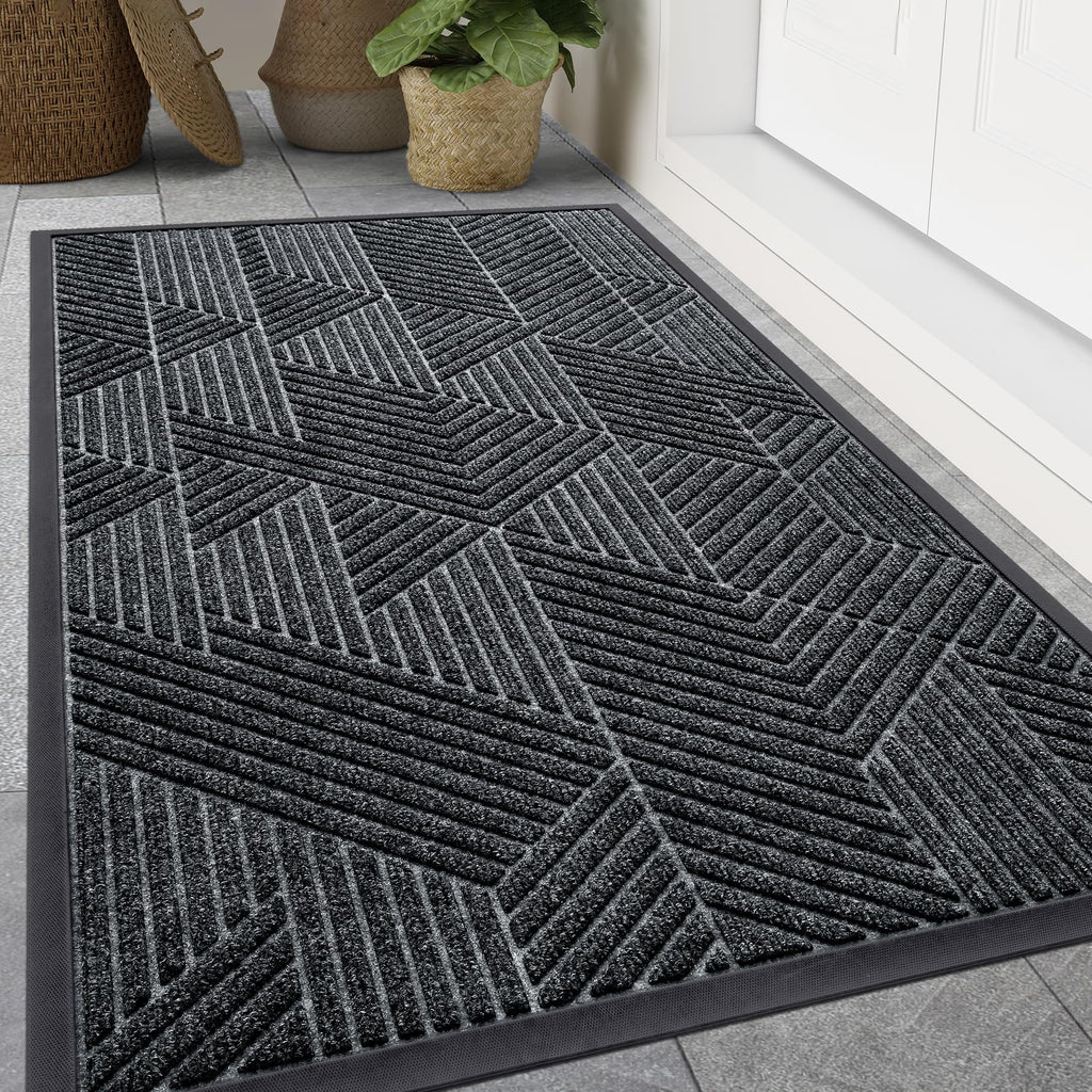 Smiry Front Door Mat Outside Entrance, Heavy Duty Sturdy Natural Rubber Doormat, Trap Dirt and Moisture, Easy Clean Low Profile Mats for Indoor Outdoor Entry, Irregular Triangle (29.5x17, Black)