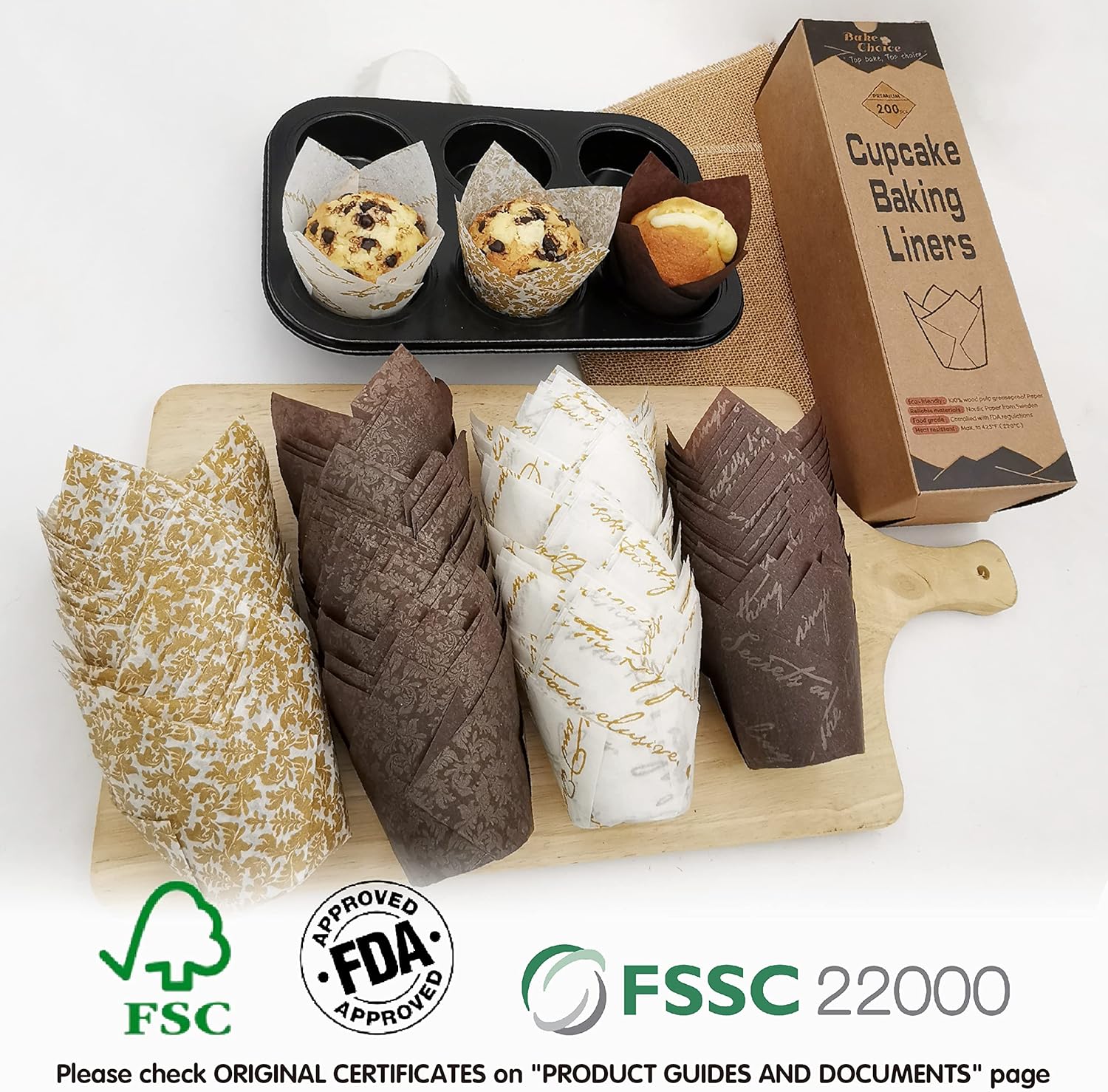 Nordic Paper 200pcs Tulip Cupcake Liners for baking cups with four fancy designs EU Parchment paper Standard Size Tulip Muffin liners, Cupcake Wrappers for Party, Wedding, Birthday