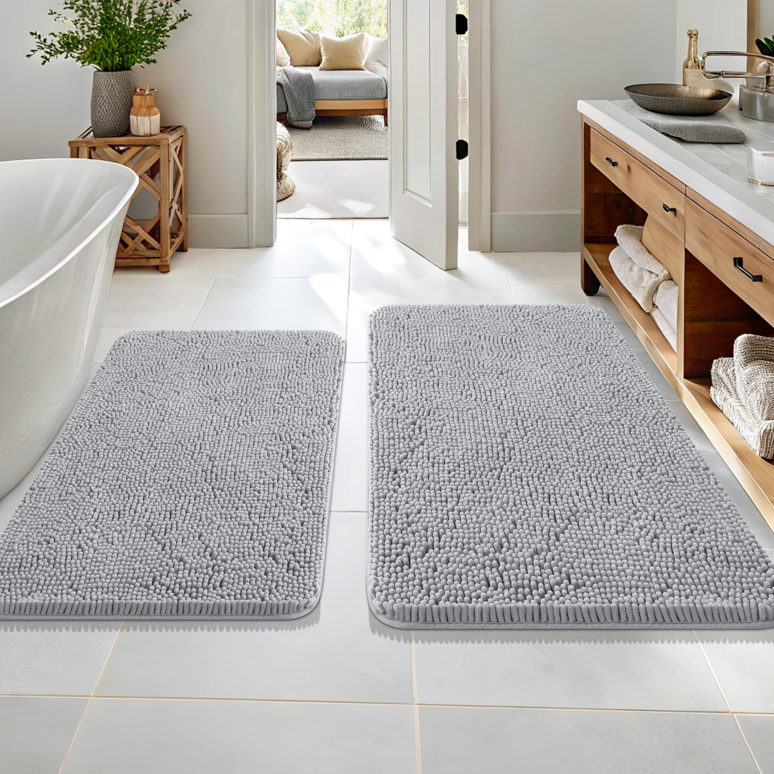 OLANLY Bathroom Rugs Sets 2 Piece, Soft Absorbent Chenille Bath Mats and U-Shaped Contour Toilet Mat Area Rug Set, Machine Washable Bath Carpet, Home Decor Accessories(30"x20"+24"x20", Grey)