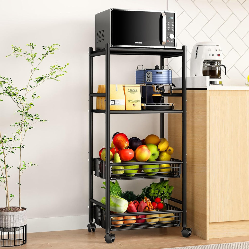 SAYZH Kitchen Microwave Stand Shelf - 4 Tiers Metal Bakers Rack with Casters, Coffee Bar Station with Storage, Black