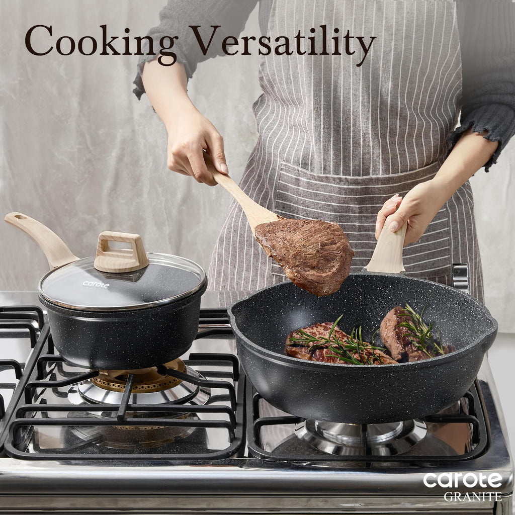 CAROTE 12Inch Nonstick Deep Frying Pan with Lid, 5.5 Qt Jumbo Cooker Saute Pan with Pour Spout, Skillet Induction Cookware, Non Stick Cooking Pan Kitchen Pan PFOA Free, White Granite