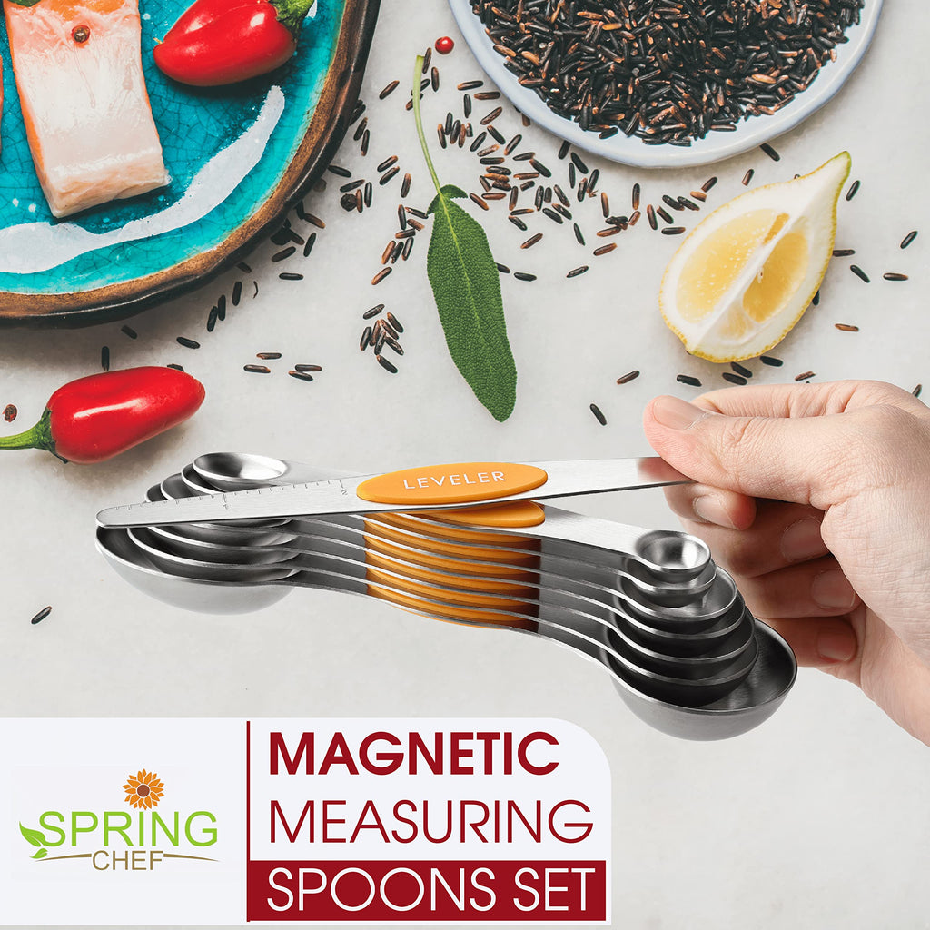 Spring Chef Stainless Steel Magnetic Measuring Spoons Set with Strong N45 Magnets, Heavy Duty Metal Kitchen Gadgets for Baking & Cooking, Fits in Most Kitchen Spice Jars, Set of 8 with Leveler, Black