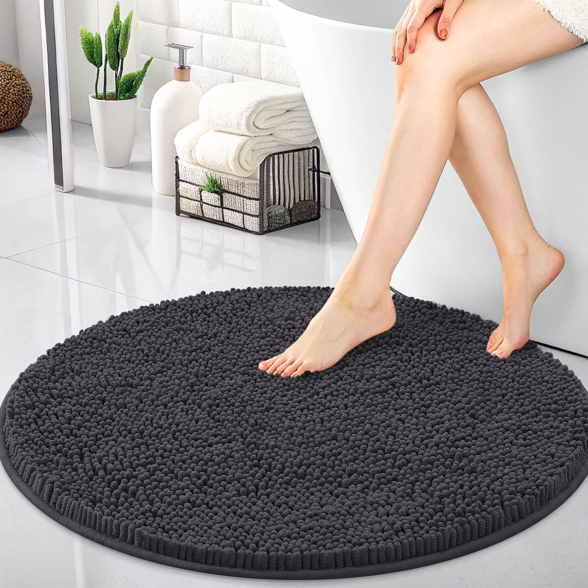 OLANLY 30-inch Round Bathroom Rugs, Extra Soft and Absorbent Chenille Bath Rugs, Quick Dry Machine Washable Bath Mats for Bathroom Floor, Tub and Shower, Home Decor Accessories, Grey