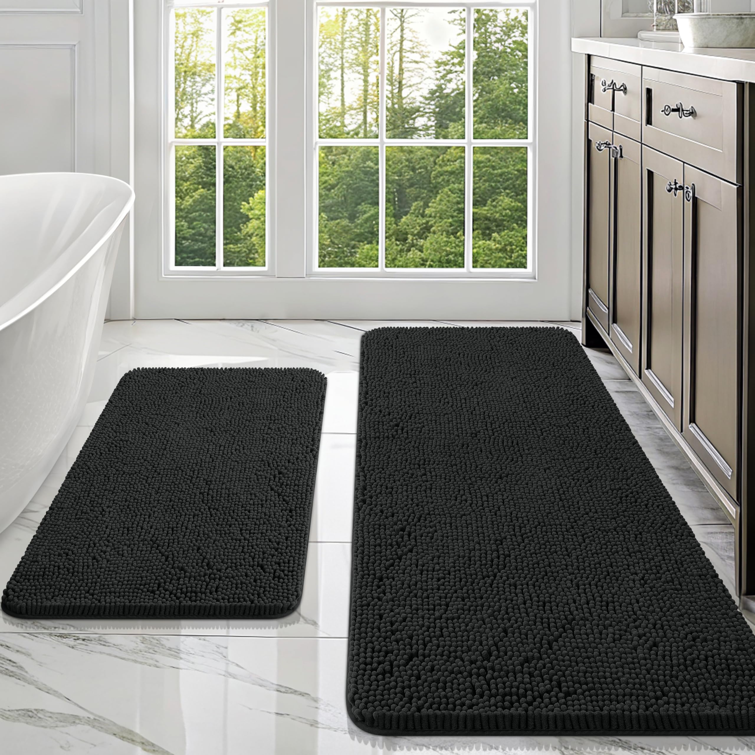 OLANLY Bathroom Rugs Sets 2 Piece, Soft Absorbent Chenille Bath Mats and U-Shaped Contour Toilet Mat Area Rug Set, Machine Washable Bath Carpet, Home Decor Accessories(30"x20"+24"x20", Grey)