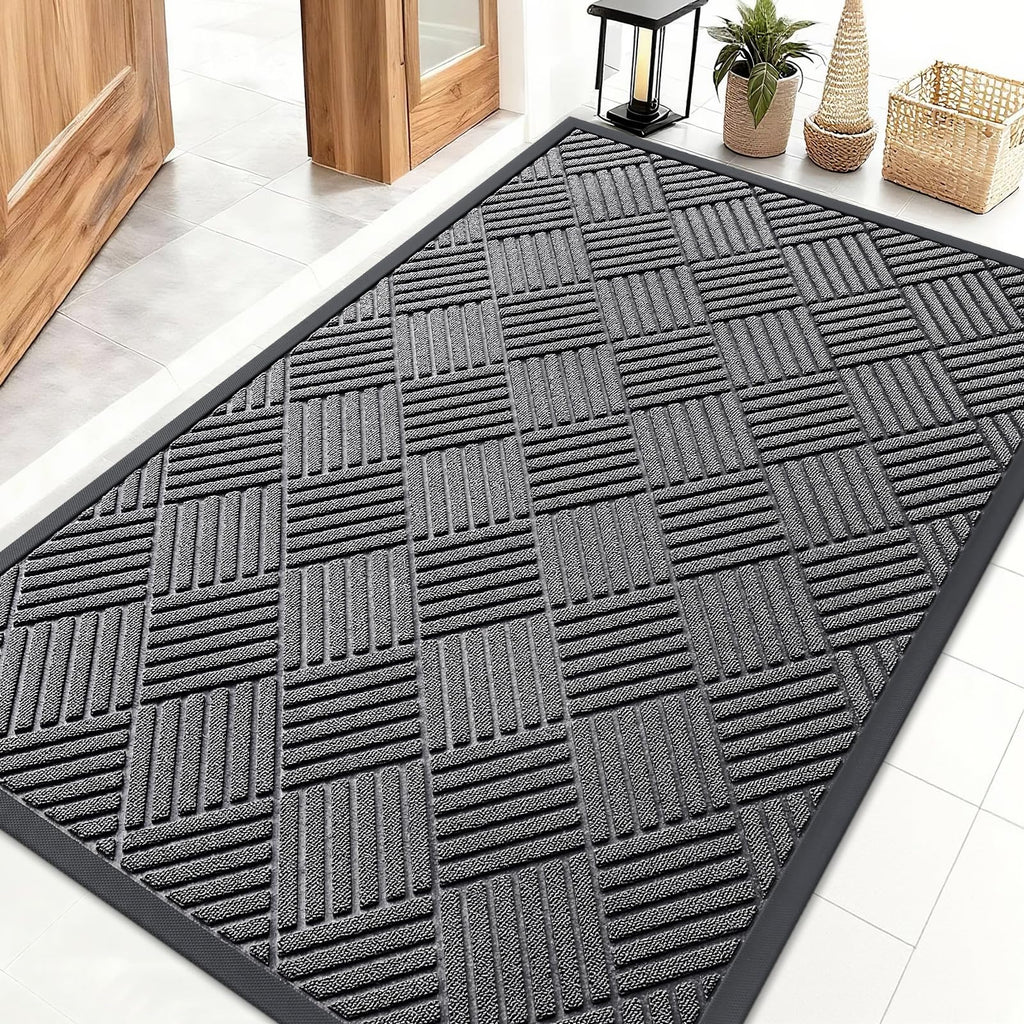 OLANLY Front Door Mat Outside Entrance 29.5x17, Absorbent, Heavy Duty Sturdy Natural Rubber Doormat Indoor Outdoor, Stain and Fade Resistant, Non-Slip Low Profile Floor Mat for Entryway, Grey Diamond