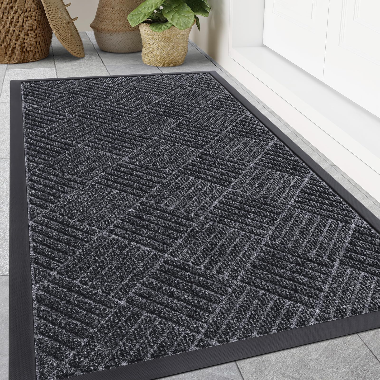 Smiry Front Door Mat Outside Entrance, Heavy Duty Outdoor Indoor Natural Rubber Doormat, Non Slip, Trap Dirt and Moisture, Easy Clean, Low Profile Patio Porch Entryway Mat, 29.5x17, Grey