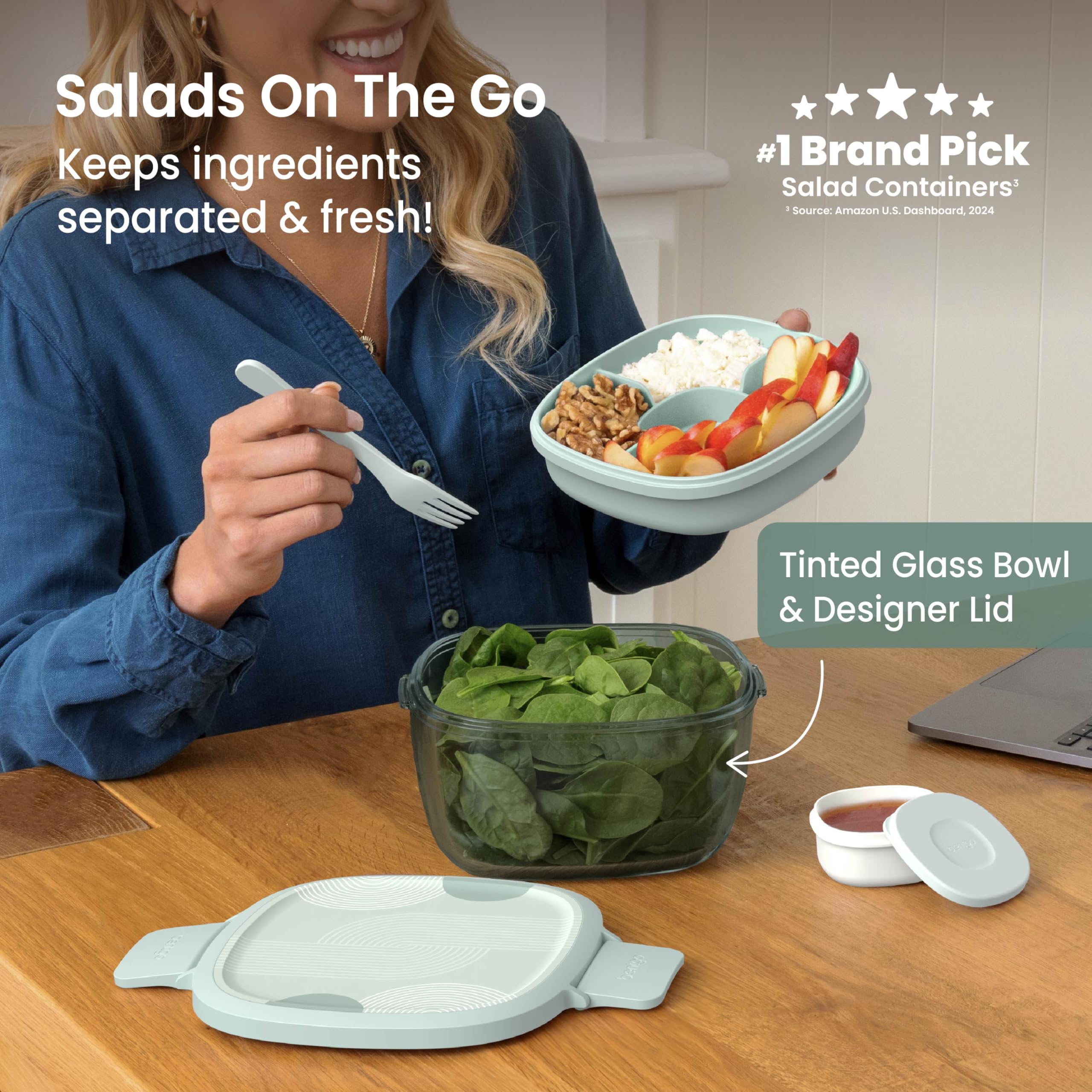 Bentgo Glass Salad Container - 7.6-Cup Salad Bowl with Airtight Lid, Leak-Proof Sauce Container, 4-Compartment Bento Tray & Reusable Fork - BPA-Free for Meal Prep, Office & More (Lavender)