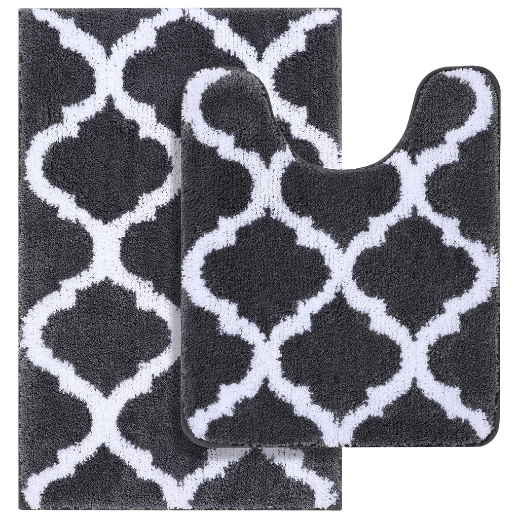 OLANLY Bathroom Rugs Set 2 Piece, Microfiber Bath Shower Mat and U-Shaped Toilet Rug, Machine Wash Dry, Non-Slip Absorbent Shaggy Bath Mats for Tub, Shower and Bathroom (30"x20"+24"x20", Grey)