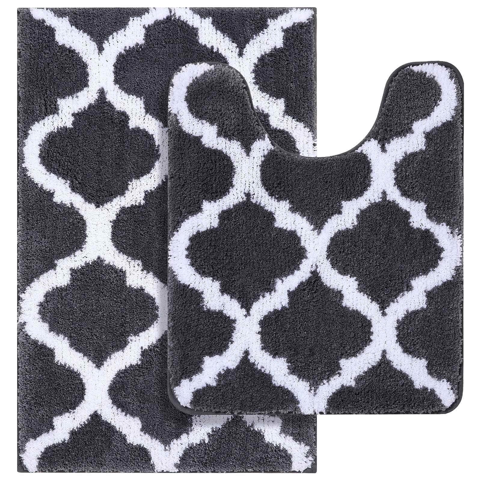 OLANLY Bathroom Rugs Set 2 Piece, Microfiber Bath Shower Mat and U-Shaped Toilet Rug, Machine Wash Dry, Non-Slip Absorbent Shaggy Bath Mats for Tub, Shower and Bathroom (30"x20"+24"x20", Grey)