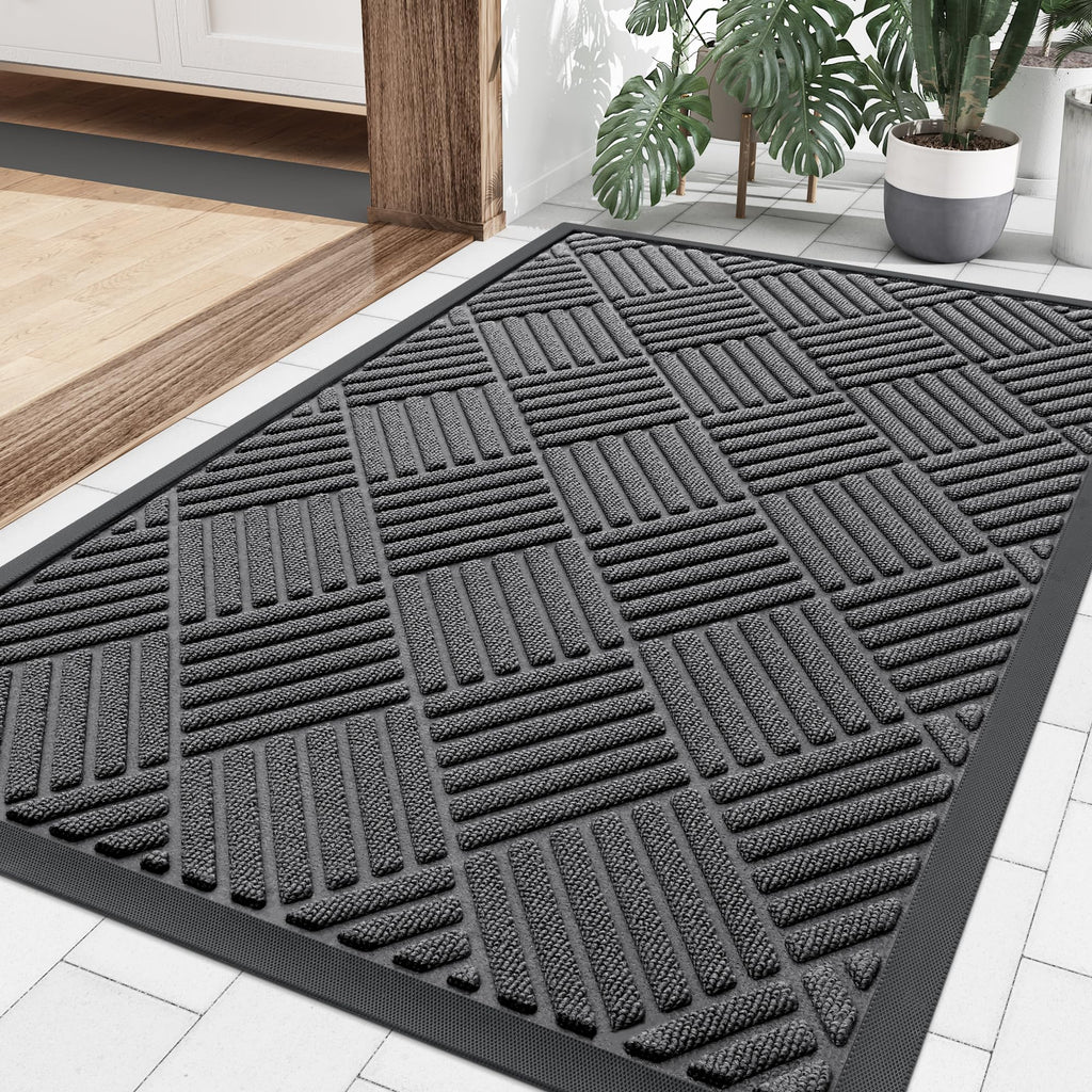 Smiry Front Door Mat Outside Entrance, Heavy Duty Outdoor Indoor Natural Rubber Doormat, Non Slip, Trap Dirt and Moisture, Easy Clean, Low Profile Patio Porch Entryway Mat, 29.5x17, Grey