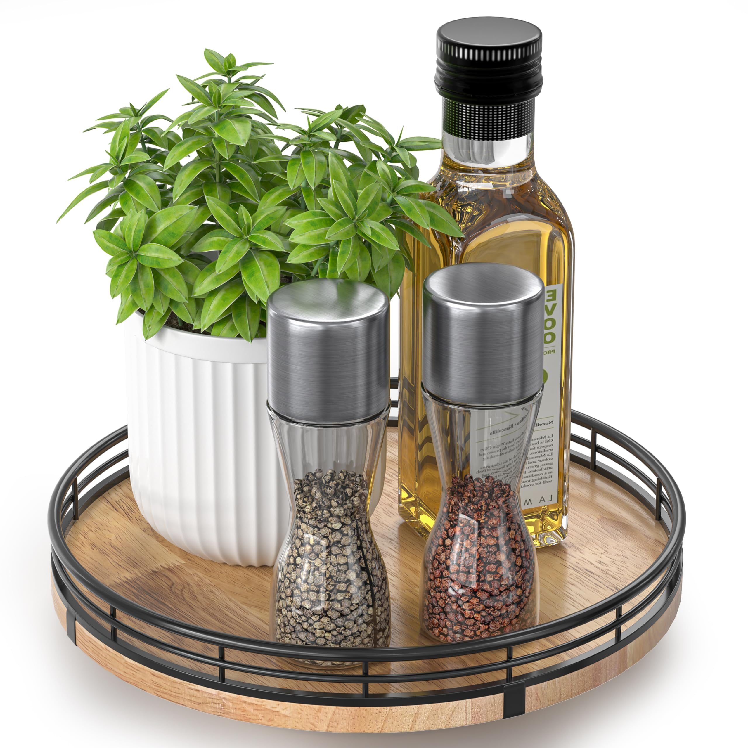 Farmhouse Oak 9" Lazy Susan Turntable Organizer for Cabinet, Round Wooden Lazy Susan Organization and Storage for Dining Table, Pantry, Kitchen, Countertop, Cupboard,Home Decor, Walnut Wood