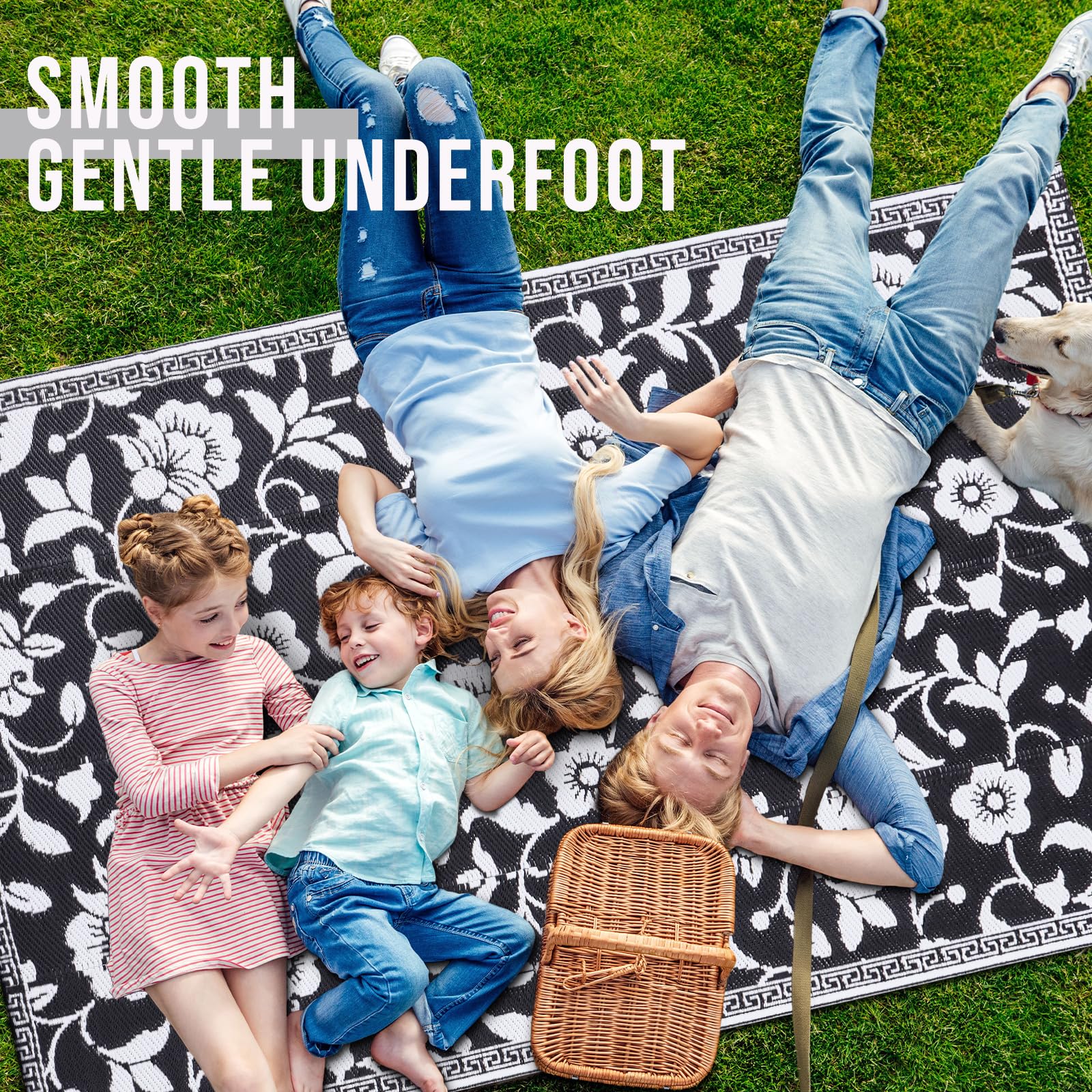 OLANLY Waterproof Outdoor Rug 5x8 ft, Outdoor Plastic Straw Rug with Flower Pattern, Reversible RV Mat for Patio, Camping, Balcony, Deck, Backyard, Navy & White