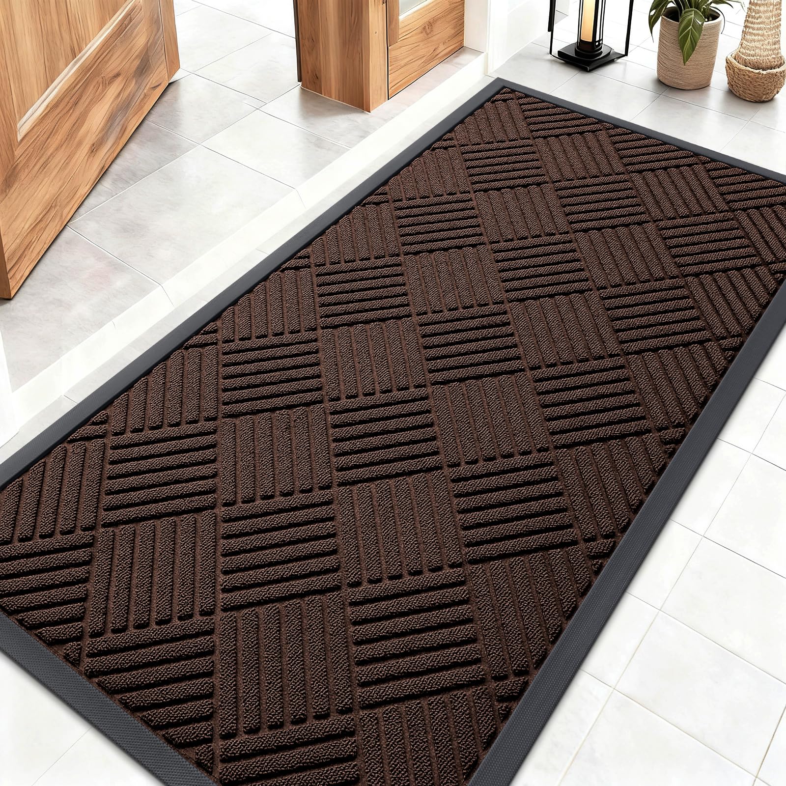OLANLY Front Door Mat Outside Entrance 29.5x17, Absorbent, Heavy Duty Sturdy Natural Rubber Doormat Indoor Outdoor, Stain and Fade Resistant, Non-Slip Low Profile Floor Mat for Entryway, Grey Diamond