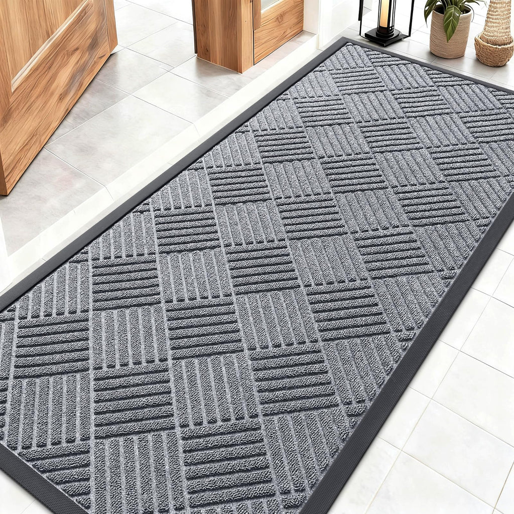OLANLY Front Door Mat Outside Entrance 29.5x17, Absorbent, Heavy Duty Sturdy Natural Rubber Doormat Indoor Outdoor, Stain and Fade Resistant, Non-Slip Low Profile Floor Mat for Entryway, Grey Diamond
