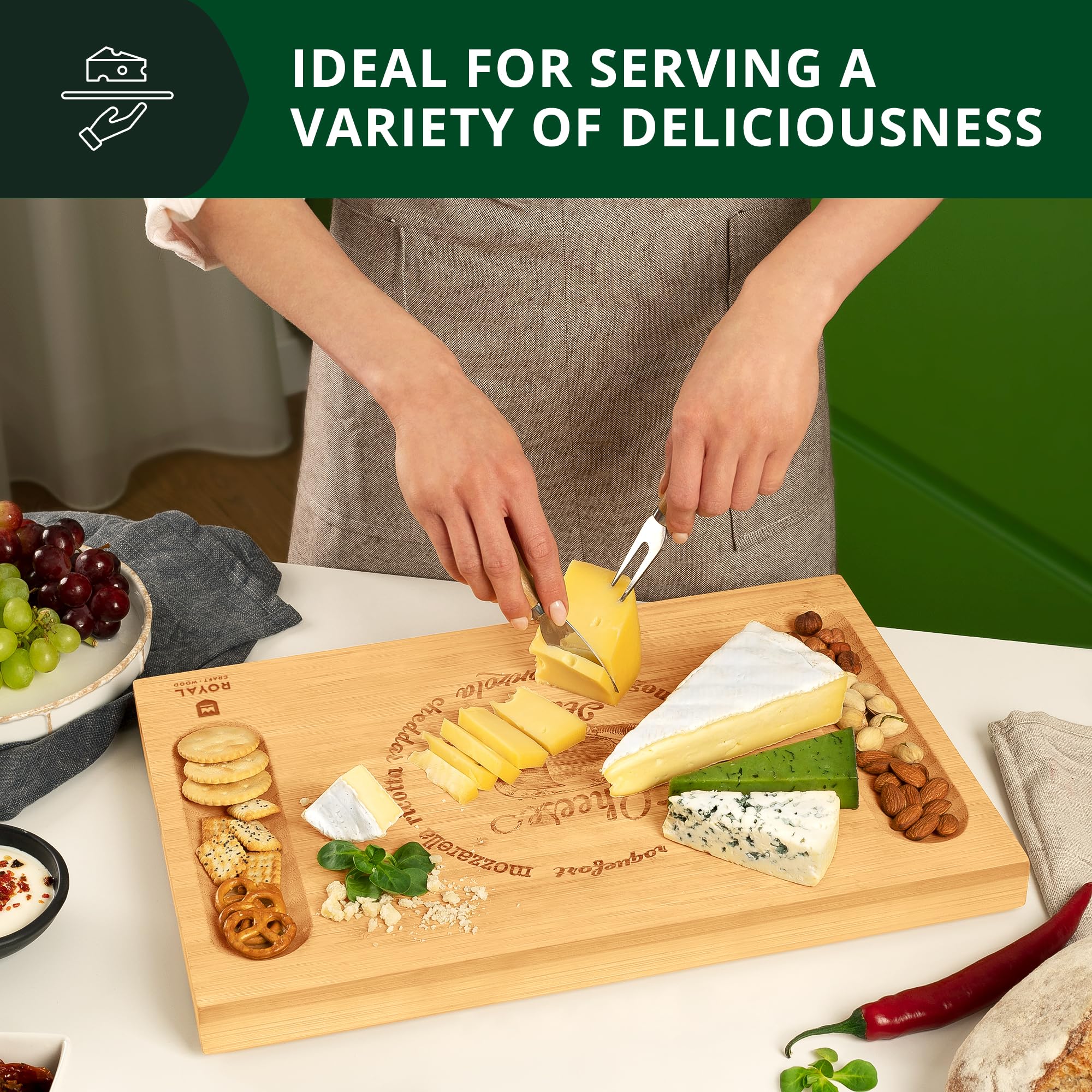 ROYAL CRAFT WOOD Premium Bamboo Charcuterie Board Set - Cheese Platter & Serving Tray & Serving Utensils - Perfect Housewarming Gift, Wedding, Bridal Shower Gift - Ideal for Entertaining and New Home