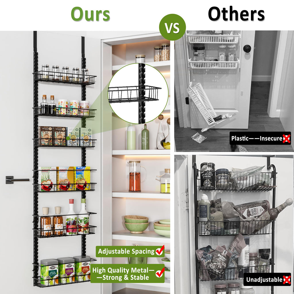 Churboro Over the Door Pantry Organizer Rack with 9 Adjustable Baskets, 9 Tiers Dual-use Hanging or Wall Mount Spice Rack Organizer, Black