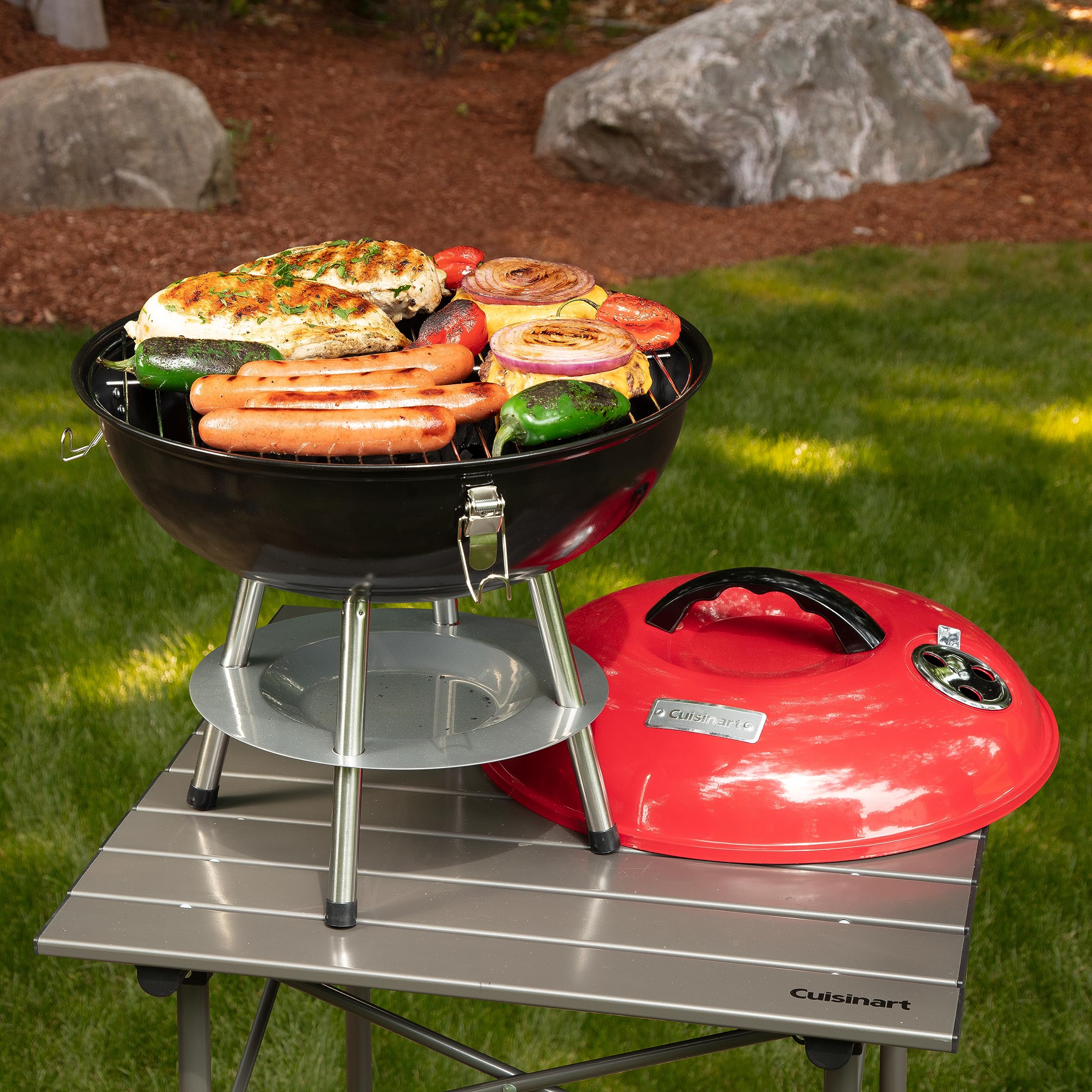 Cuisinart 14" Portable Charcoal Grill, Tabletop Outdoor Small Grill with Locking Lid and Dual Vents, Chrome Plated Travel Size BBQ Perfect for Camping, Tailgates, Cookouts, Red
