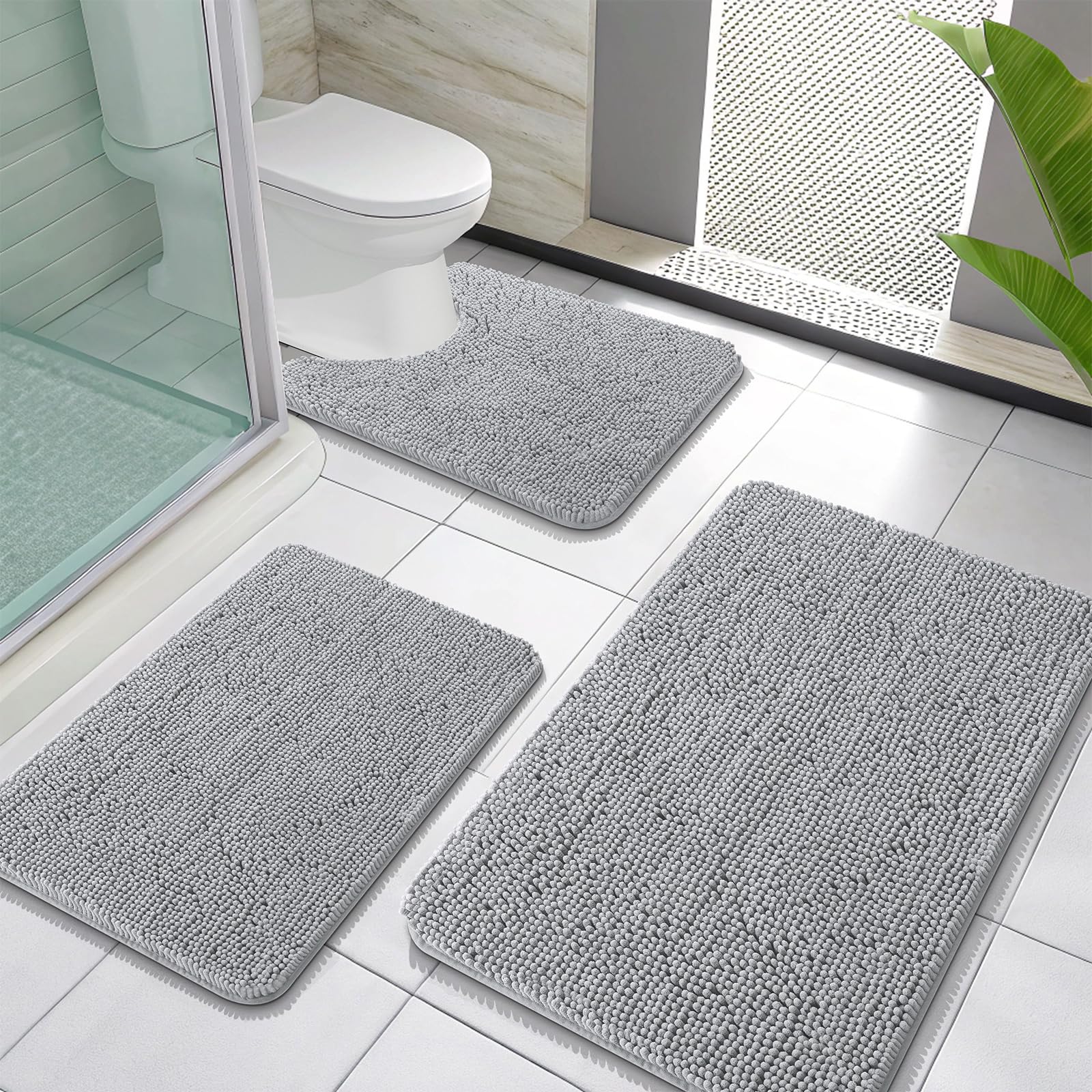 OLANLY Bathroom Rugs Sets 3 Piece, Soft Absorbent Chenille Bath Mats and U-Shaped Contour Toilet Rug, Quick Dry, Home Decor Accessories, Bath Mat Set for Bathroom (30"x20"+24"x16"+24"x20", Grey)