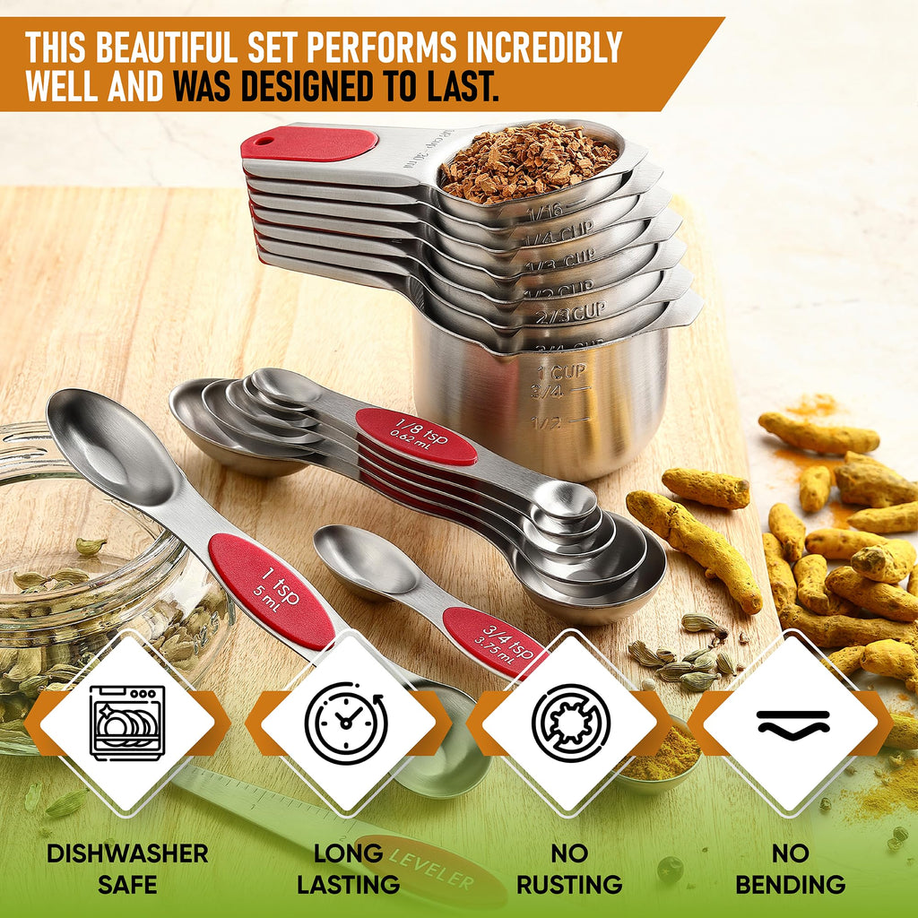 Spring Chef Magnetic Measuring Cups & Spoons Set, Patented, Strong N45 Magnets, Heavy Duty Stainless Steel Fits in Spice Jars for Baking & Cooking, BPA Free, Round Set of 15 with Leveler, Black