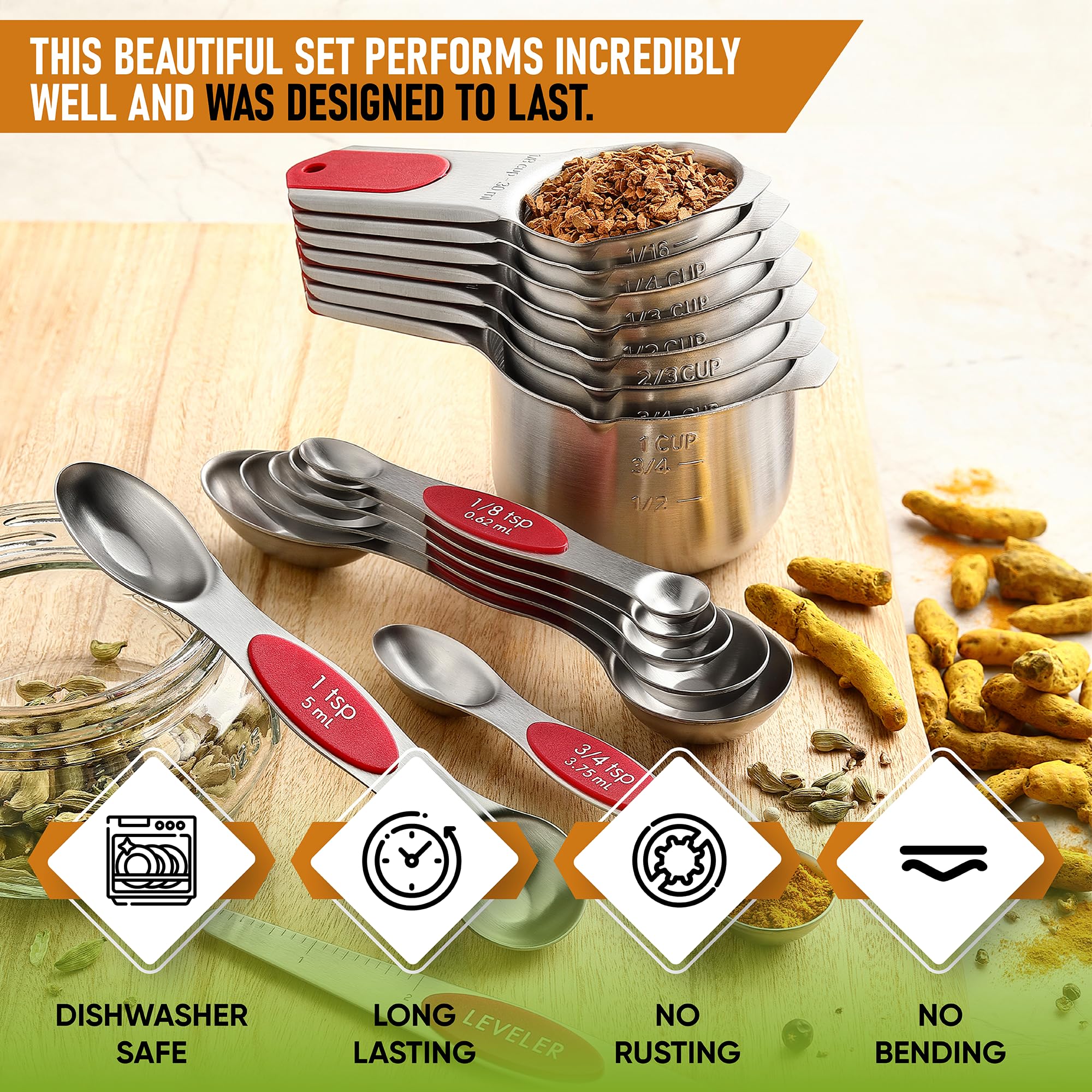 Spring Chef Magnetic Measuring Cups & Spoons Set, Patented, Strong N45 Magnets, Heavy Duty Stainless Steel Fits in Spice Jars for Baking & Cooking, BPA Free, Round Set of 15 with Leveler, Black
