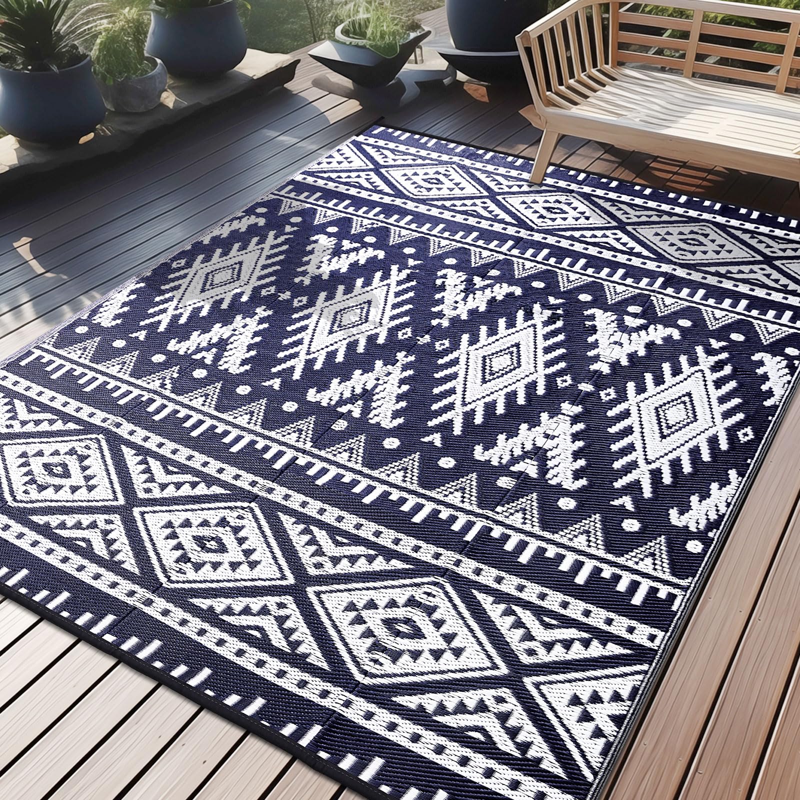 OLANLY Outdoor Rug Waterproof 5x8 ft, Reversible Outdoor Plastic Straw Rug, Boho Patio Rug, Indoor Outdoor Carpet, RV Mat Outside for Patio, Camp, Picnic, Balcony, Deck, Backyard, Black & White