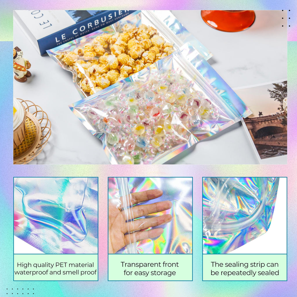 Holographic Mylar Bags Resealable Smell Proof Bags for lip gloss, Jewelry, Lash Candy and More - Small Business Packaging Supplies(100PACK, 3x9INCH)