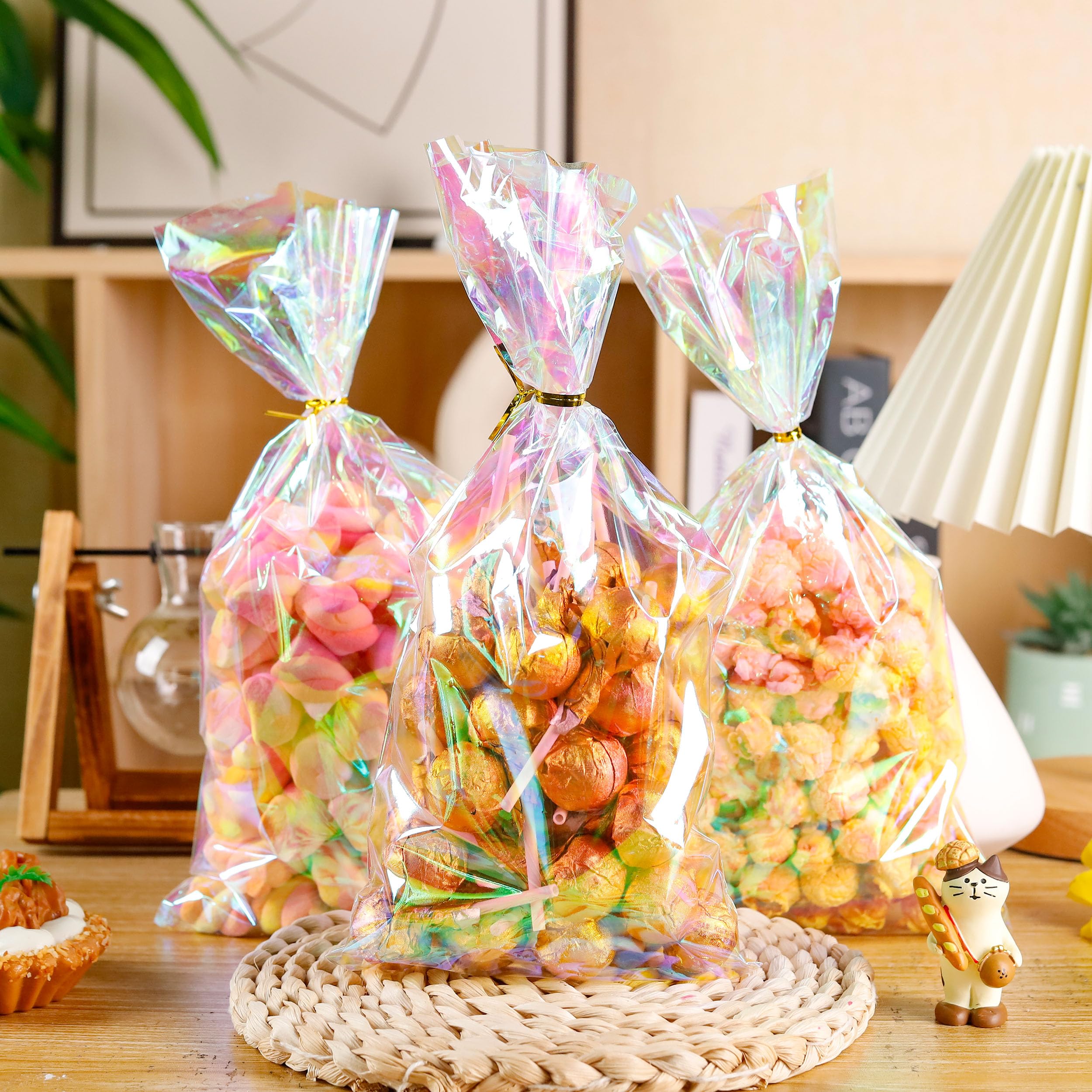 NPLUX Cellophane Treat Bags,Plastic Iridescent Party Favor Bags Clear Candy Bags with Twist Ties for Gift, Cookies, Snacks(100PACK, 6x10inch)