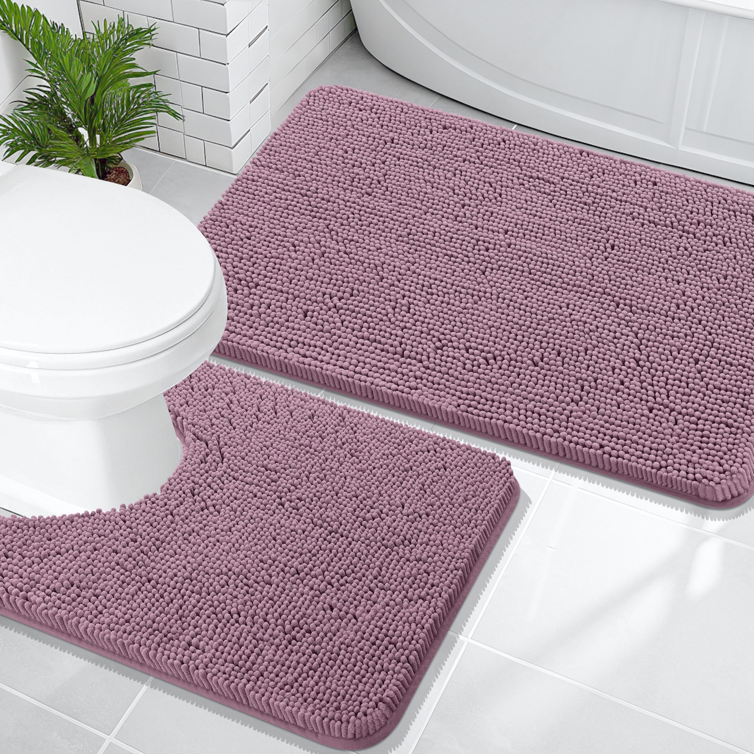 OLANLY Bathroom Rugs Sets 2 Piece, Soft Absorbent Chenille Bath Mats and U-Shaped Contour Toilet Mat Area Rug Set, Machine Washable Bath Carpet, Home Decor Accessories(30"x20"+24"x20", Grey)