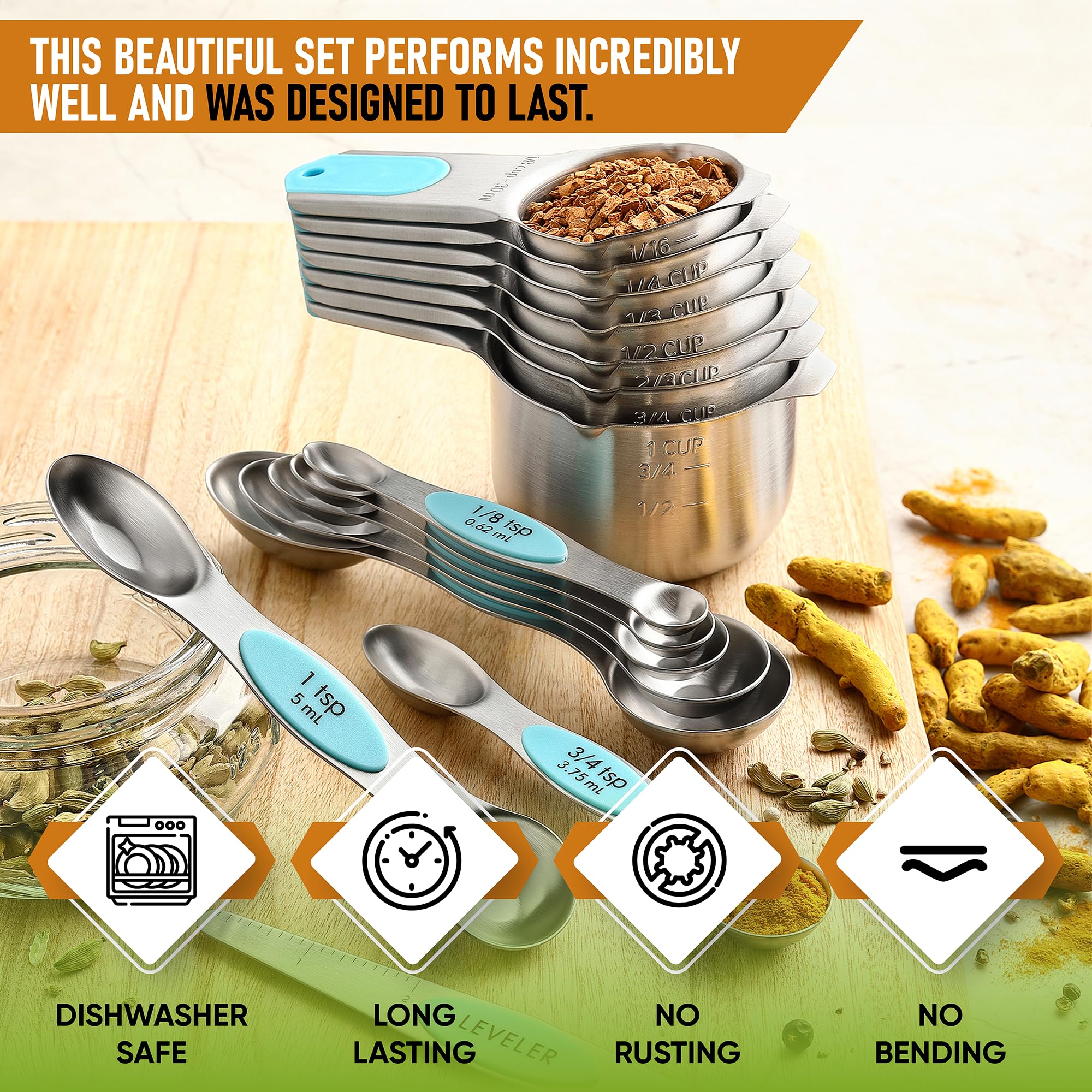 Spring Chef Magnetic Measuring Cups & Spoons Set, Patented, Strong N45 Magnets, Heavy Duty Stainless Steel Fits in Spice Jars for Baking & Cooking, BPA Free, Round Set of 15 with Leveler, Black